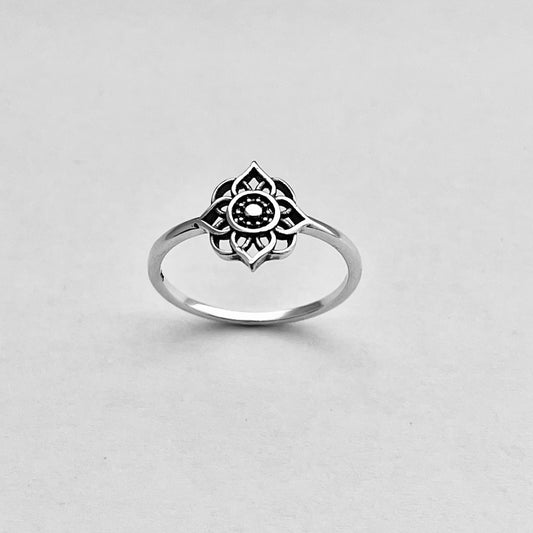 925 Sterling Silver Mandala Lotus Ring – Dainty Boho Silver Ring, Minimalist Flower Jewelry
