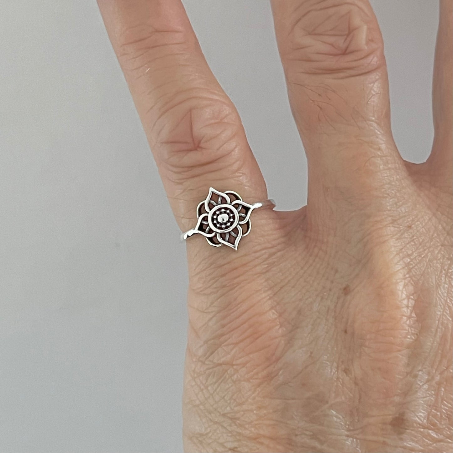 Sterling Silver Small Mandala Ring, Lotus Flower Ring, Silver Rings