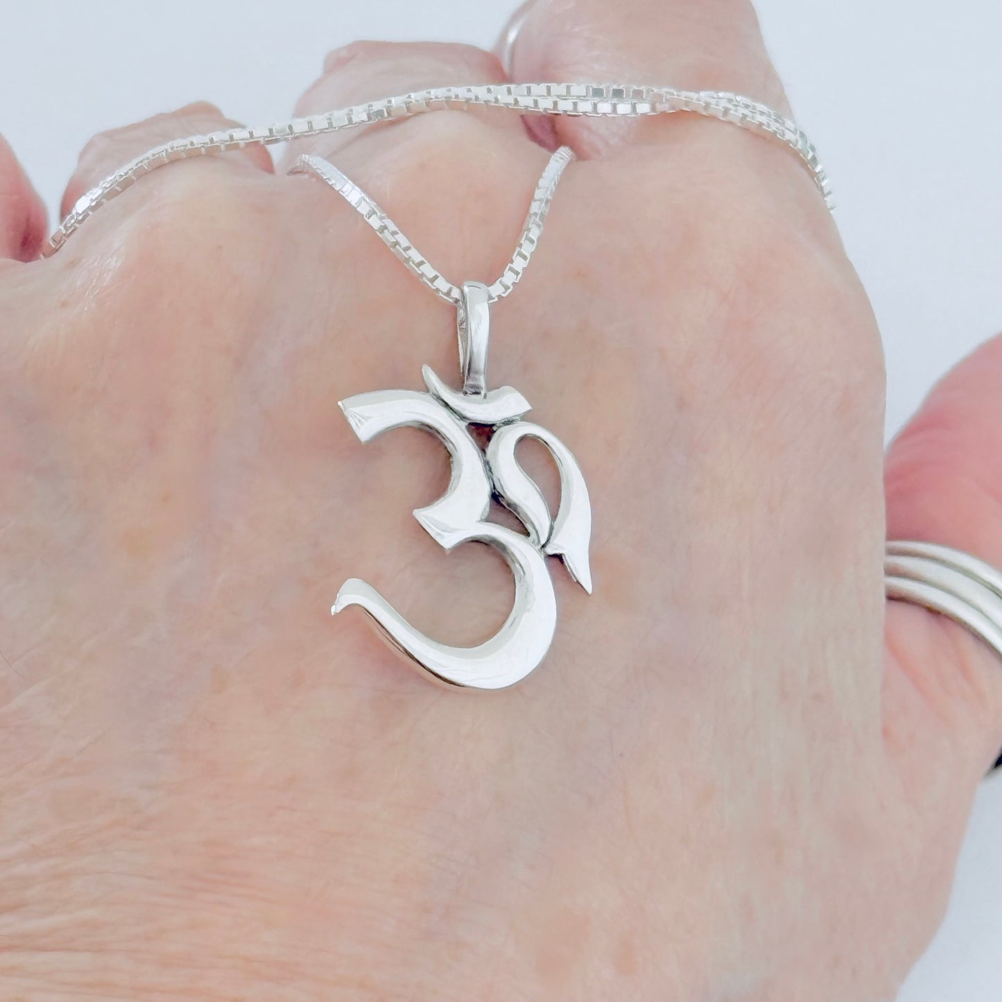 Sterling Silver Large Classic OM Necklace – Yoga Spiritual Pendant Silver Chain