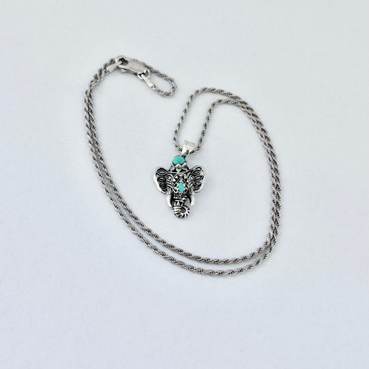 Sterling Silver Filigree Ganesha Elephant Necklace with Synthetic Turquoise, Silver Necklaces, Animal Chain, Elephants