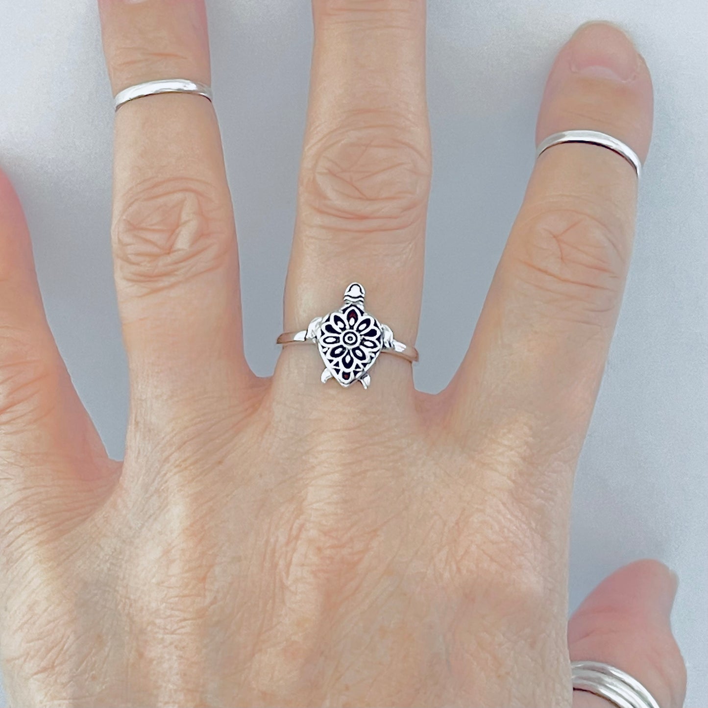 Sterling Silver Mandala Turtle Ring – Flower Sea Animal Ocean Silver Rings