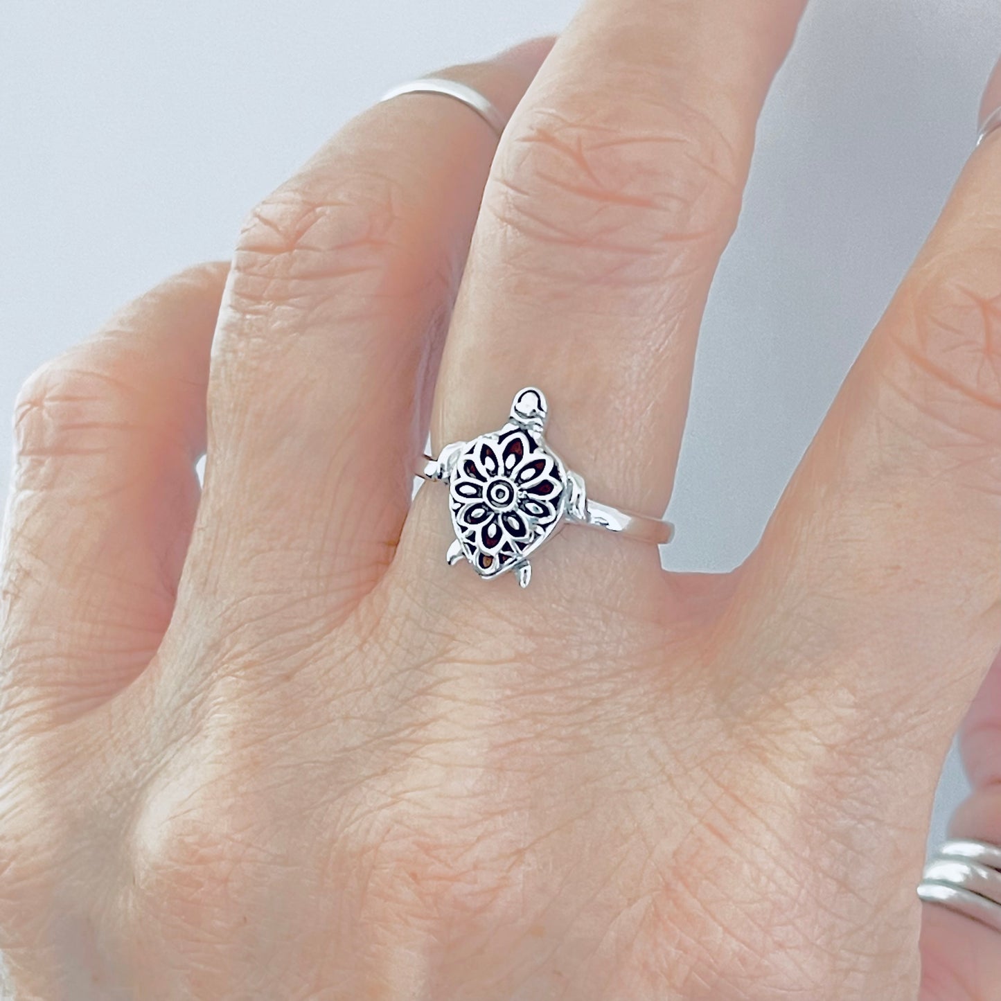 Sterling Silver Mandala Turtle Ring – Flower Sea Animal Ocean Silver Rings