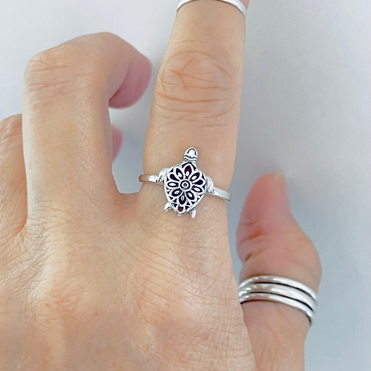 Sterling Silver Mandala Turtle Ring – Flower Sea Animal Ocean Silver Rings