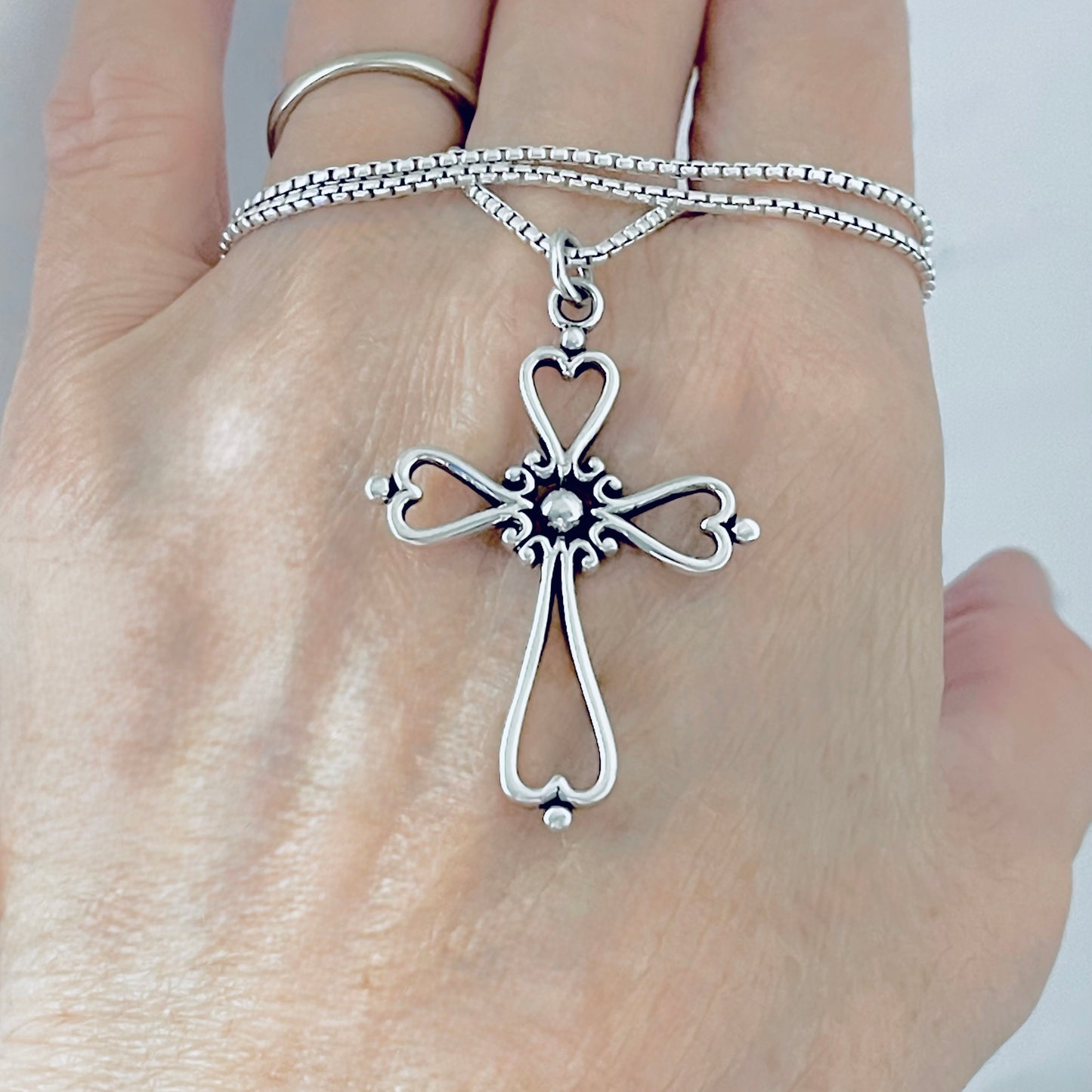 Sterling Silver Large Heart Cross Necklace – Statement Christian Pendant Chain