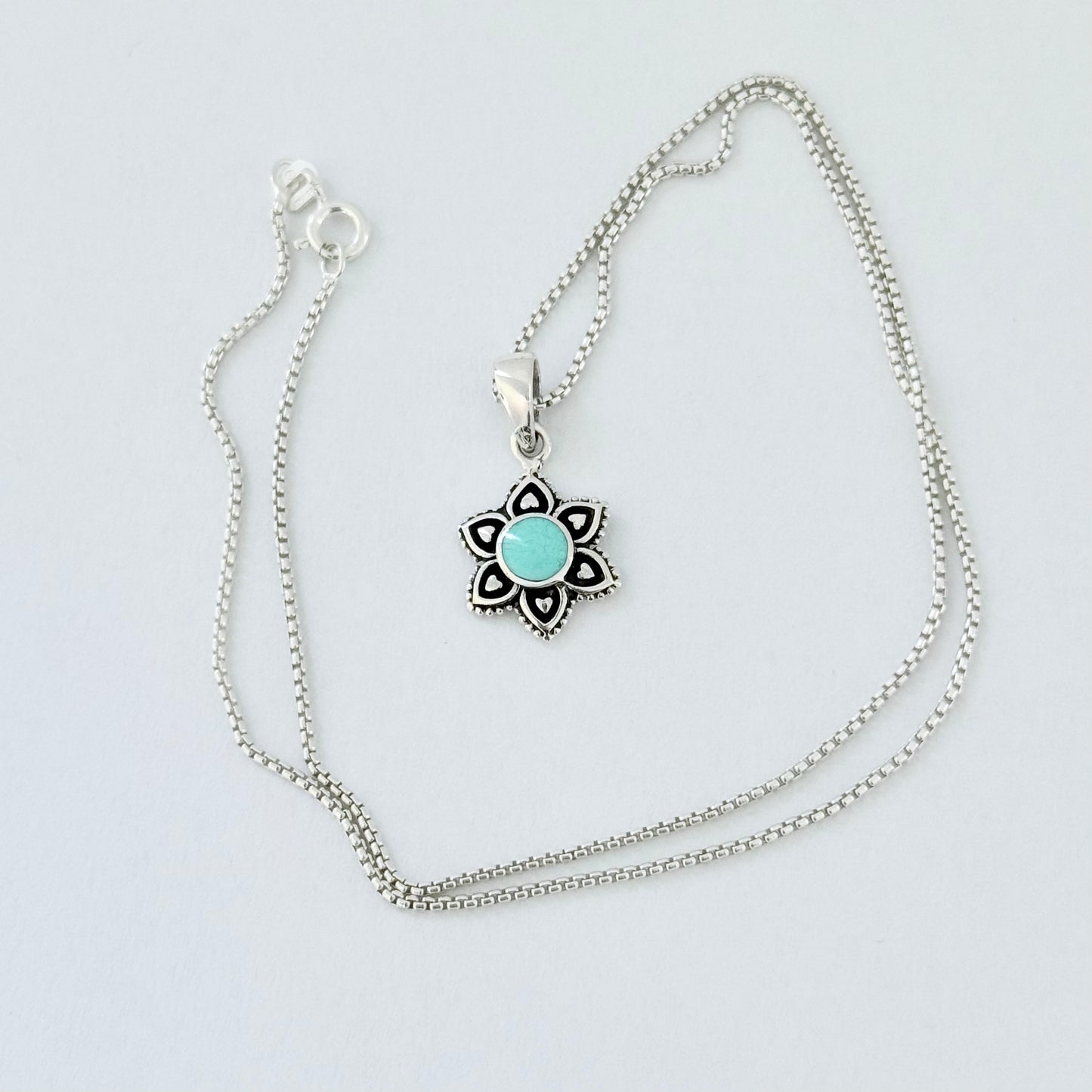 925 Sterling Silver Starflower Mandala Necklace | Turquoise & Heart Silver Pendant
