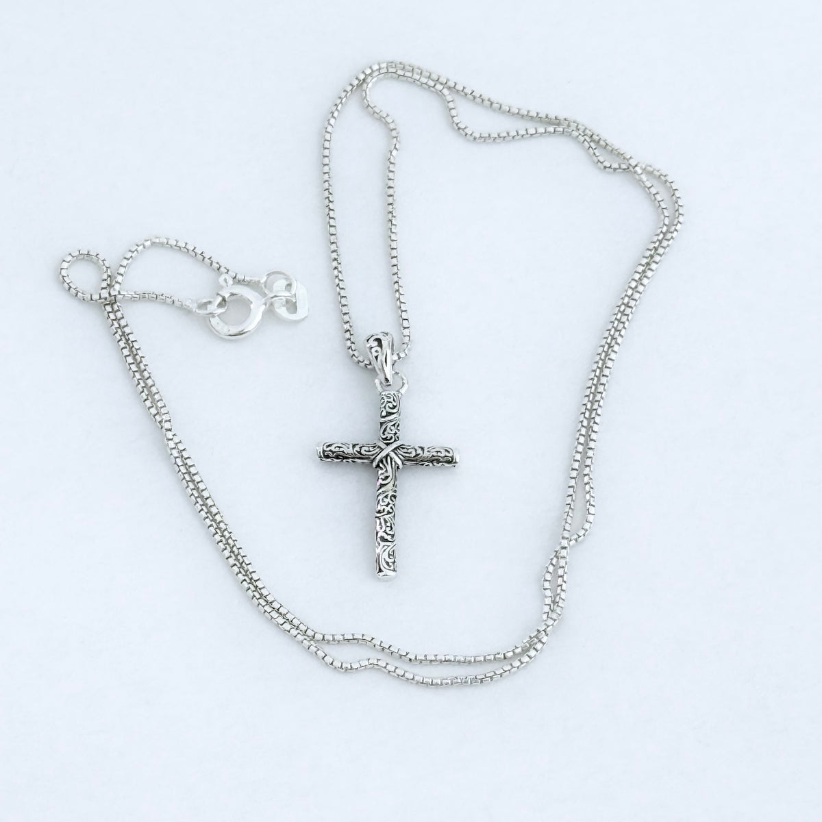 Sterling Silver Dainty Filigree Cross Necklace – Minimalist Christian Swirl Pendant Chain