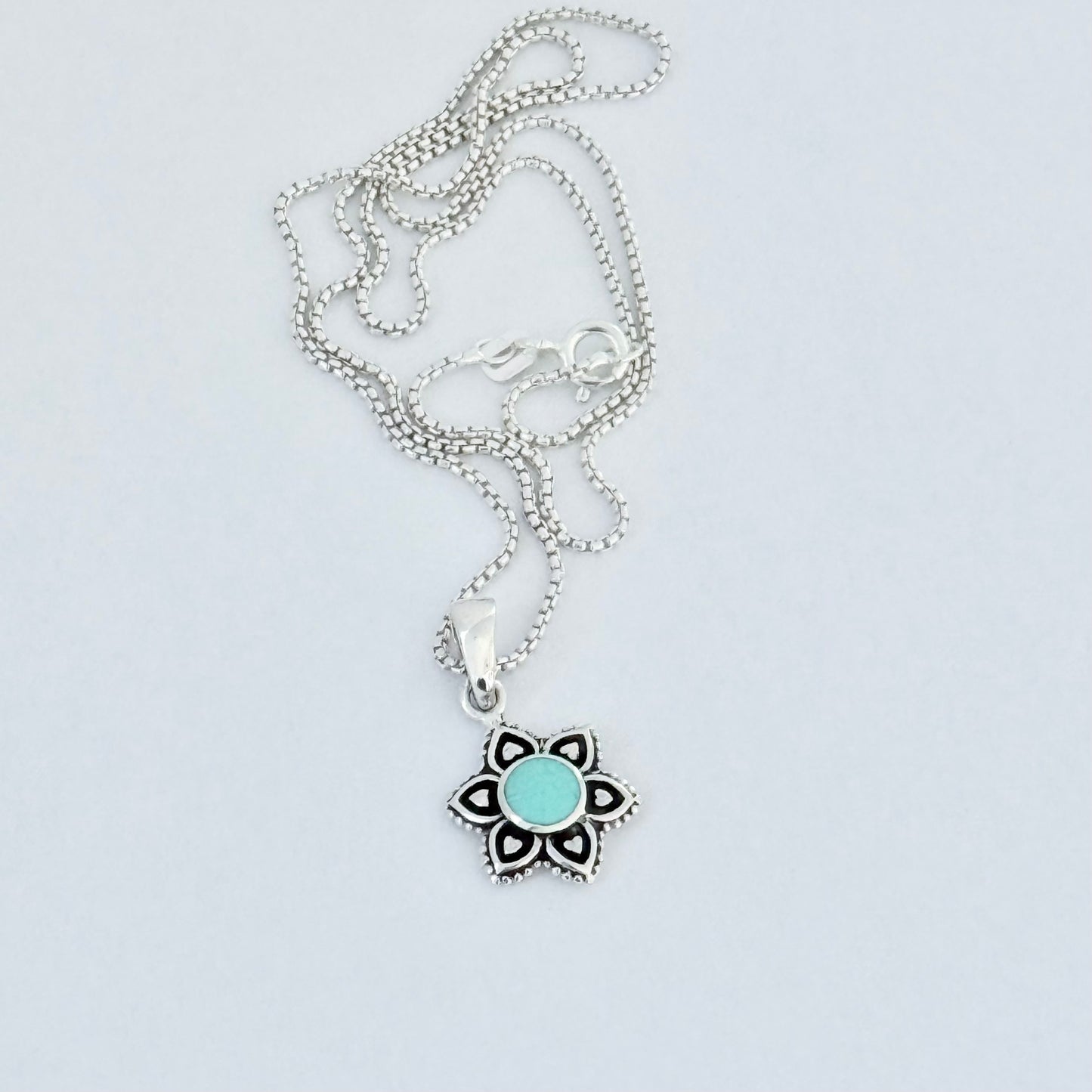 925 Sterling Silver Starflower Mandala Necklace | Turquoise & Heart Silver Pendant