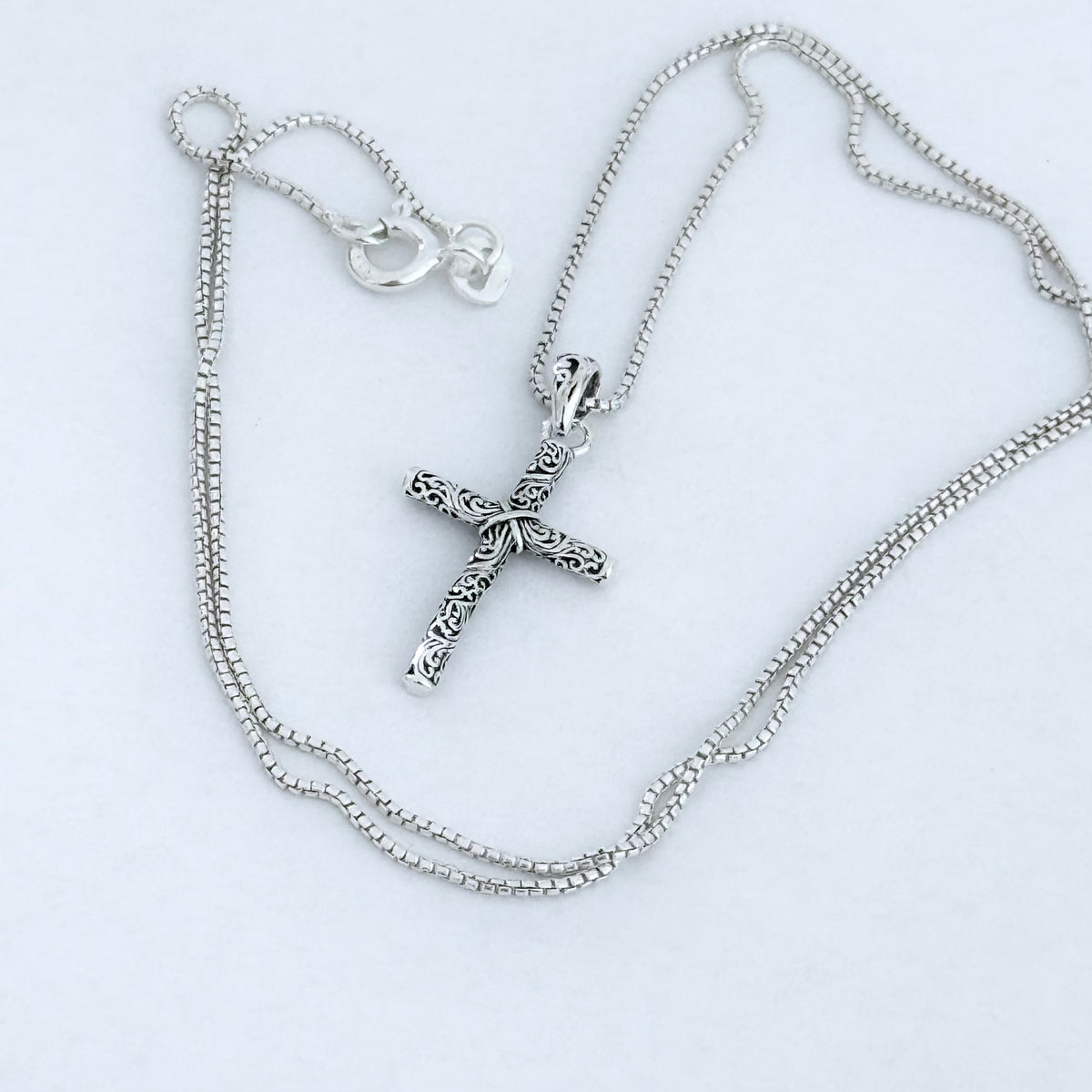Sterling Silver Dainty Filigree Cross Necklace – Minimalist Christian Swirl Pendant Chain