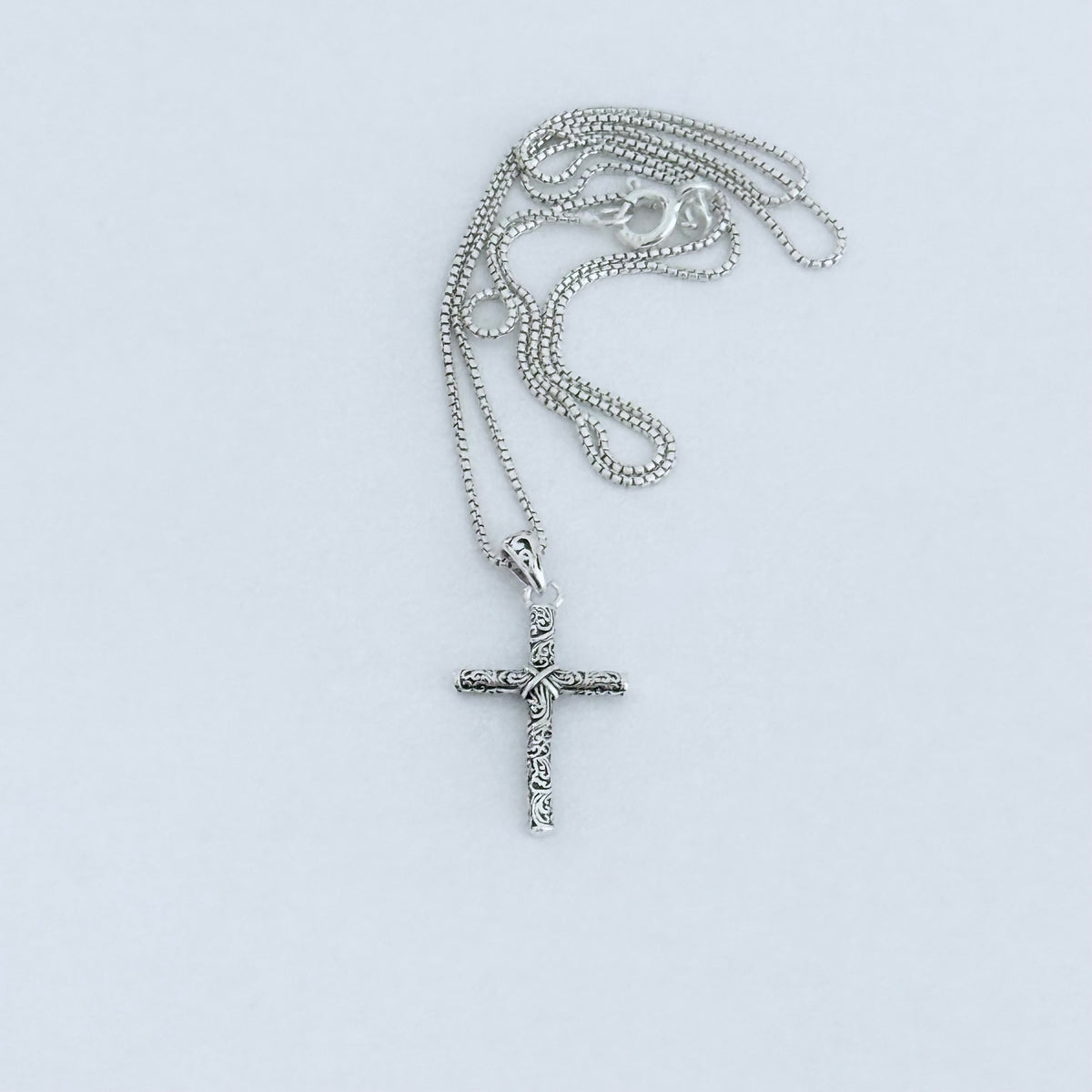 Sterling Silver Dainty Filigree Cross Necklace – Minimalist Christian Swirl Pendant Chain