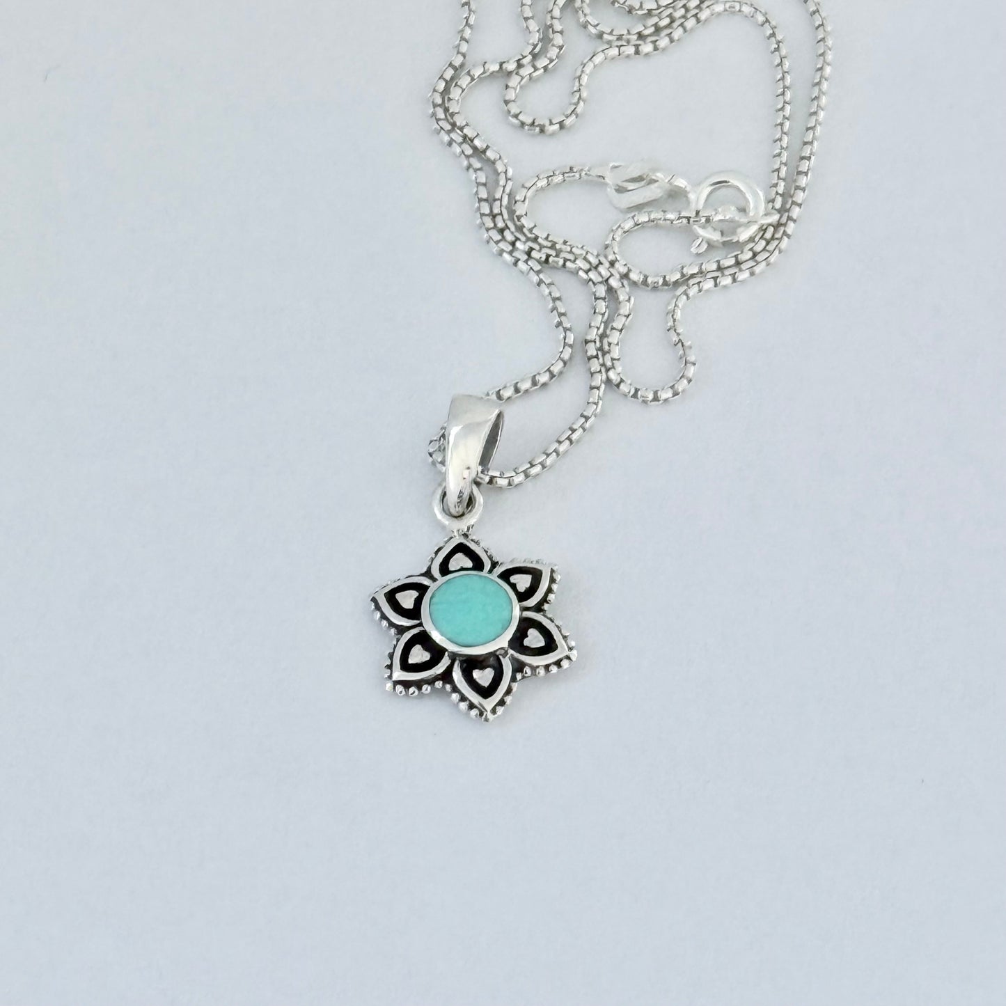 925 Sterling Silver Starflower Mandala Necklace | Turquoise & Heart Silver Pendant
