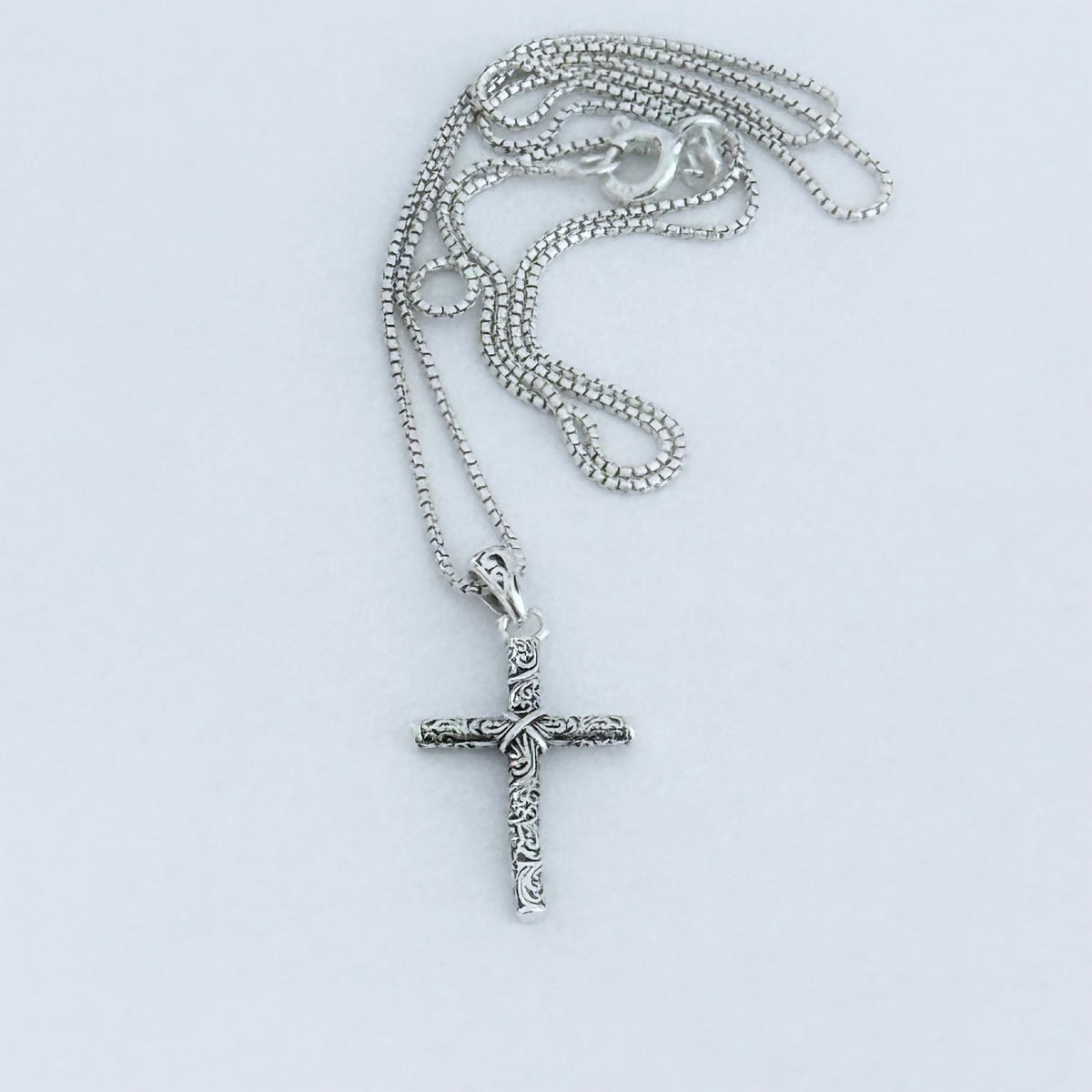 Sterling Silver Dainty Filigree Cross Necklace – Minimalist Christian Swirl Pendant Chain