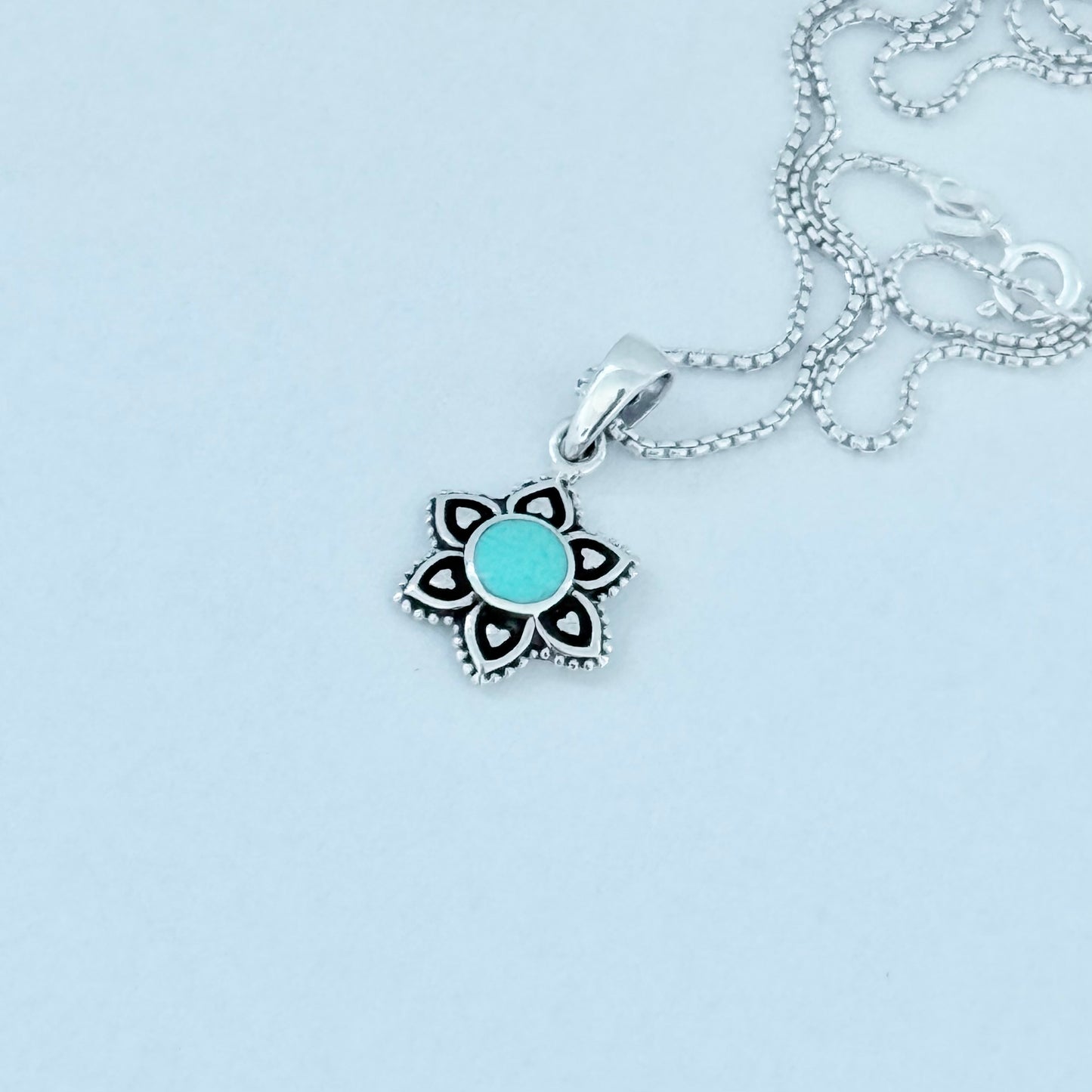 925 Sterling Silver Starflower Mandala Necklace | Turquoise & Heart Silver Pendant