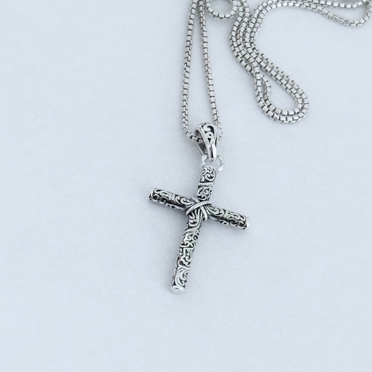 Sterling Silver Dainty Filigree Cross Necklace – Minimalist Christian Swirl Pendant Chain