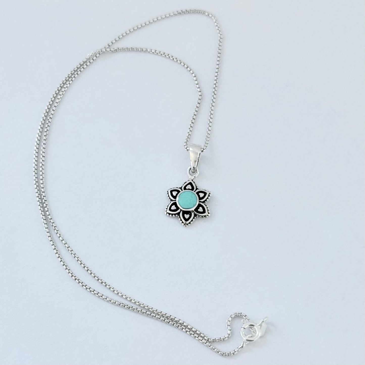925 Sterling Silver Starflower Mandala Necklace | Turquoise & Heart Silver Pendant