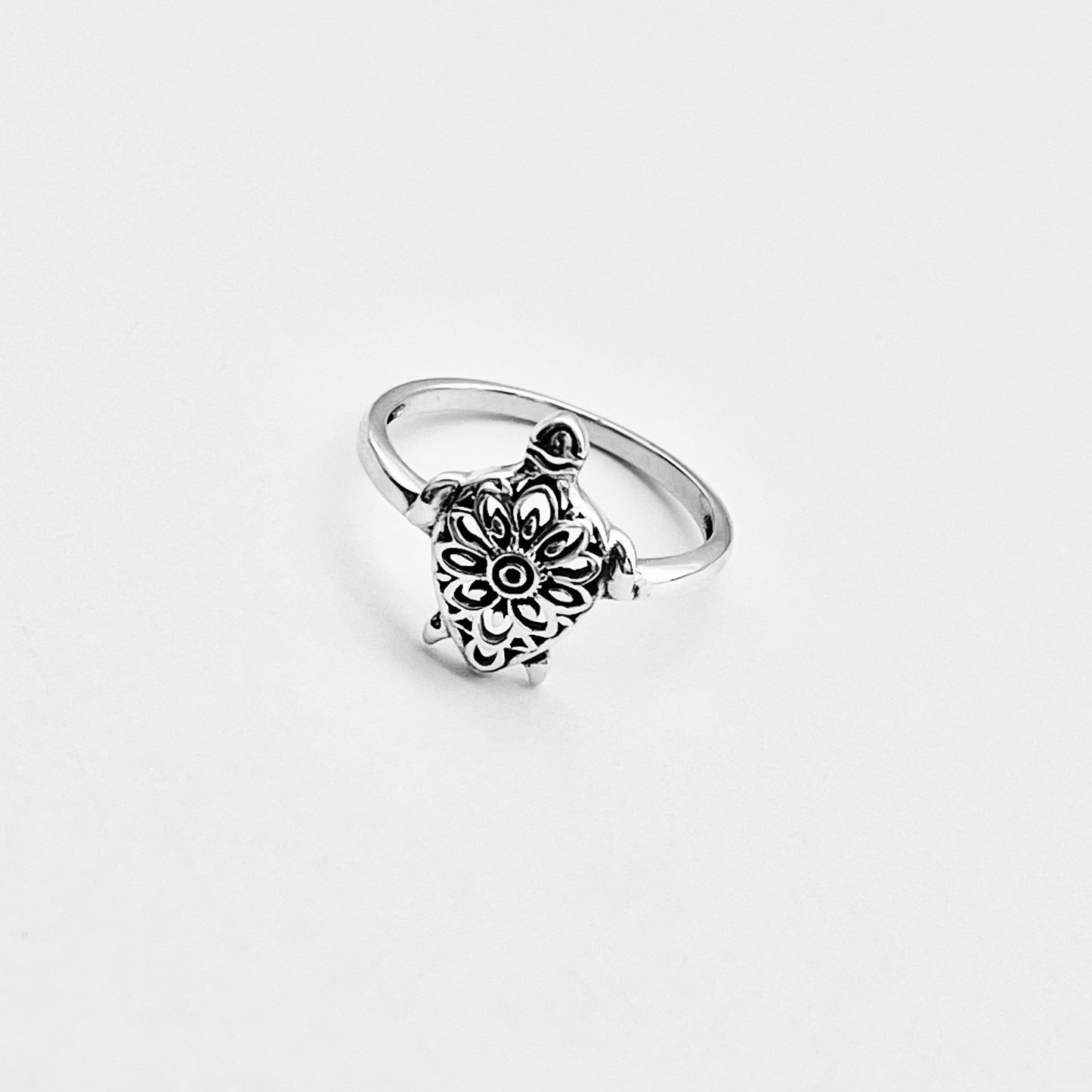 Sterling Silver Mandala Turtle Ring – Flower Sea Animal Ocean Silver Rings