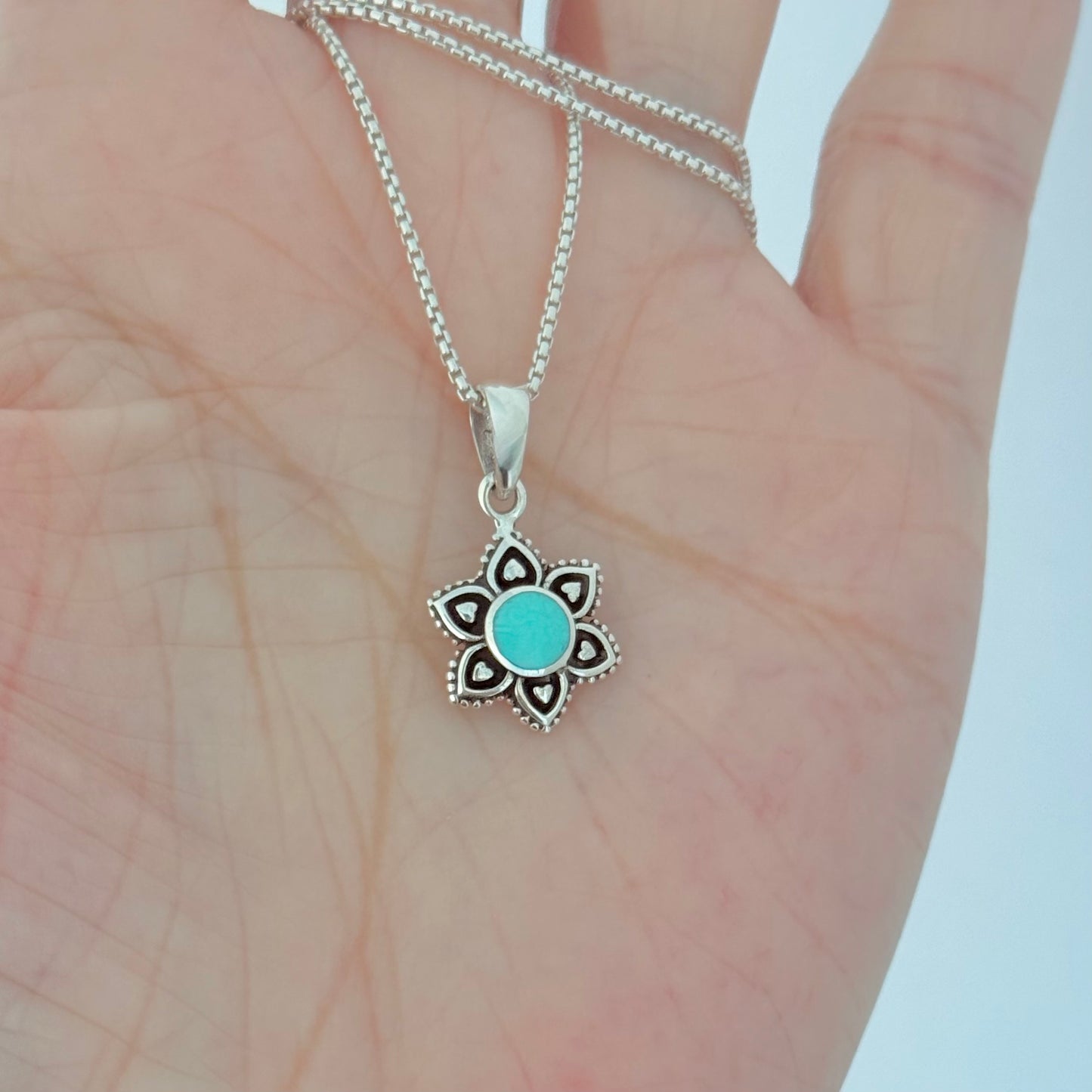 925 Sterling Silver Starflower Mandala Necklace | Turquoise & Heart Silver Pendant