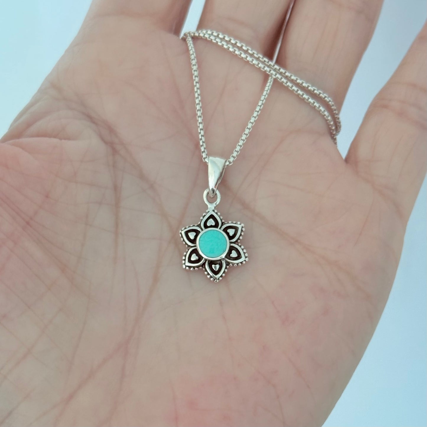 925 Sterling Silver Starflower Mandala Necklace | Turquoise & Heart Silver Pendant