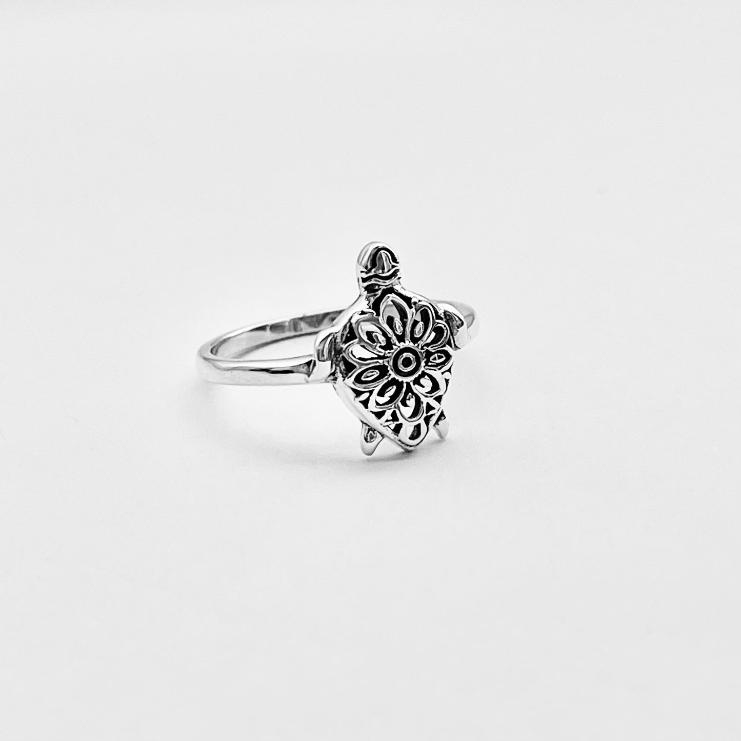 Sterling Silver Mandala Turtle Ring – Flower Sea Animal Ocean Silver Rings