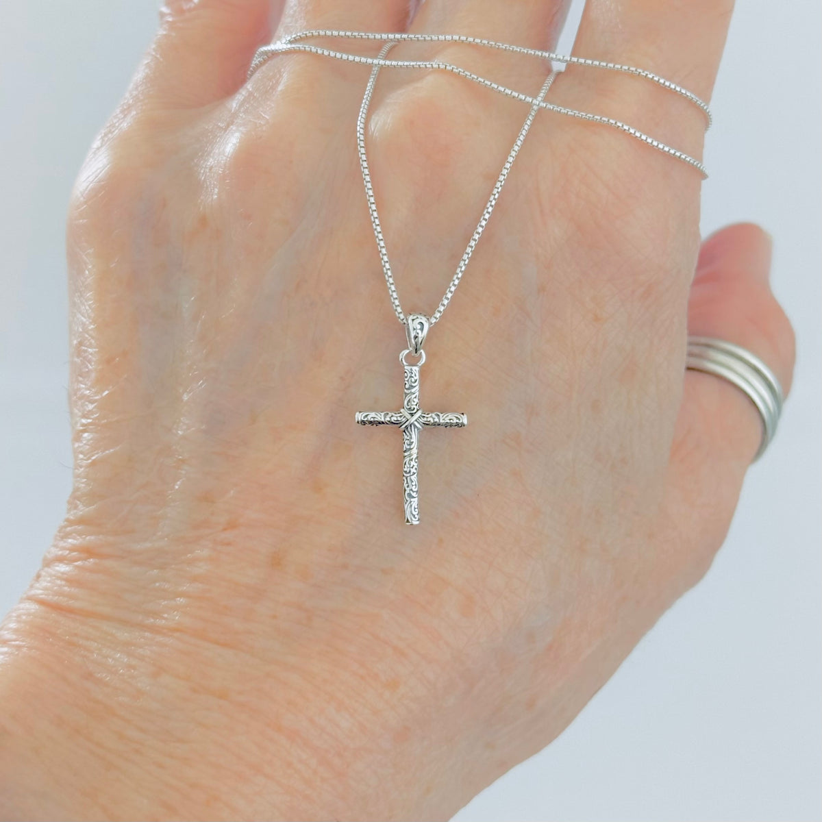Sterling Silver Dainty Filigree Cross Necklace – Minimalist Christian Swirl Pendant Chain