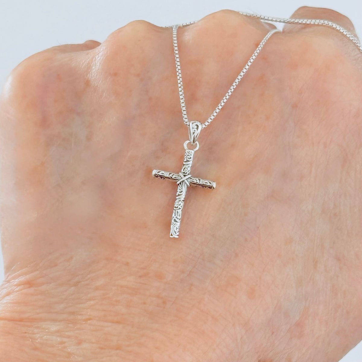 Sterling Silver Dainty Filigree Cross Necklace – Minimalist Christian Swirl Pendant Chain