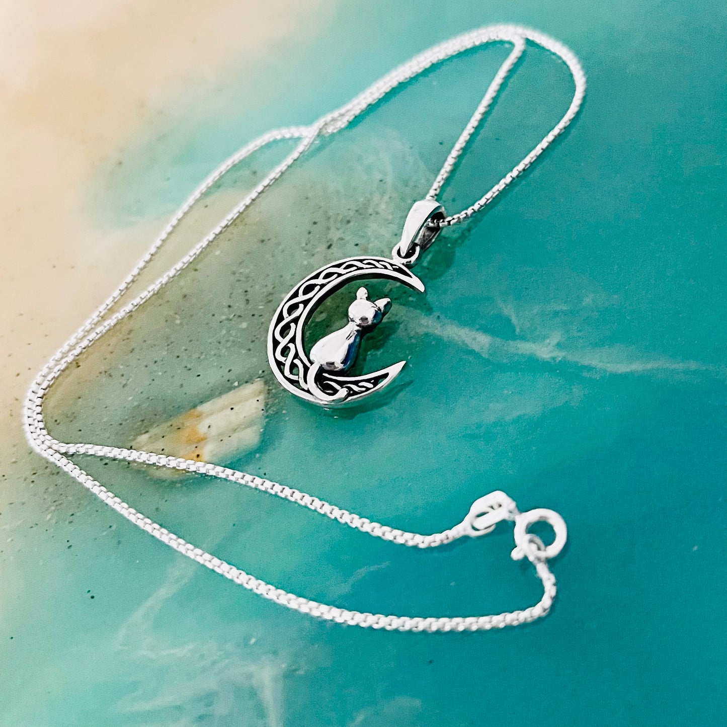 Sterling Silver Cat on Interwoven Crescent Moon Necklace, Kitten Necklace, Silver Necklaces