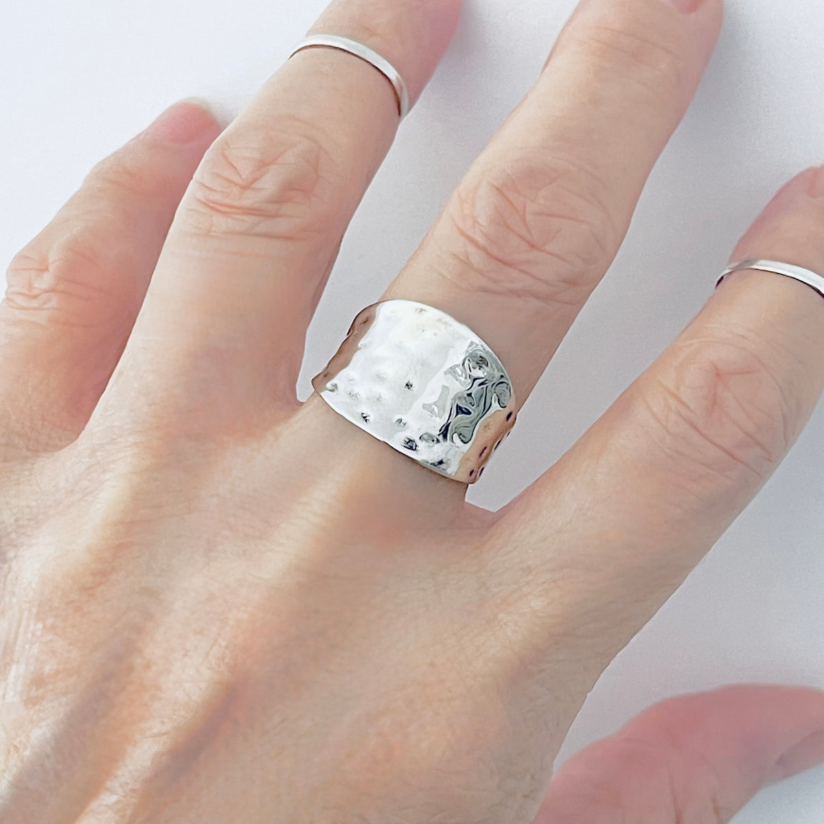 925 Sterling Silver Statement Hammered Concave Ring | Boho Wide Silver Rings