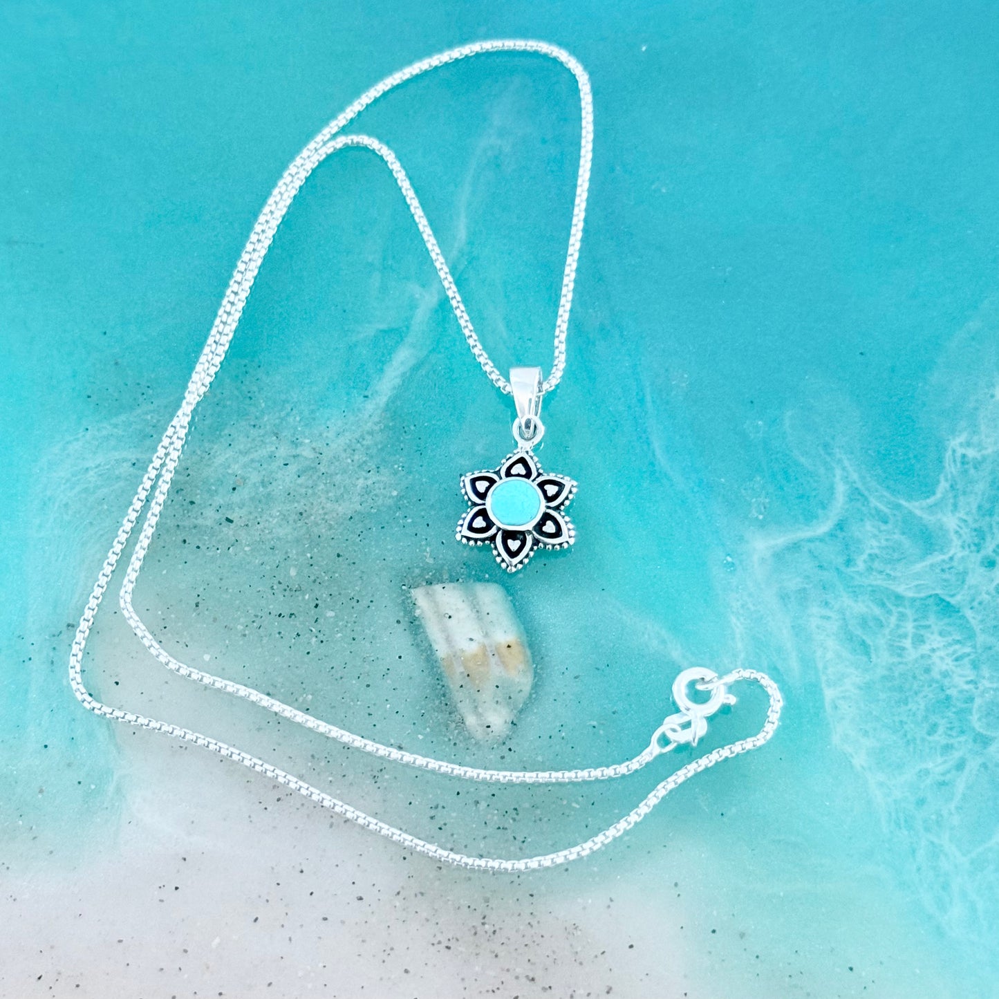 925 Sterling Silver Starflower Mandala Necklace | Turquoise & Heart Silver Pendant