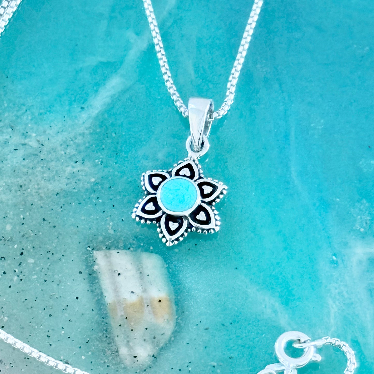 925 Sterling Silver Starflower Mandala Necklace | Turquoise & Heart Silver Pendant