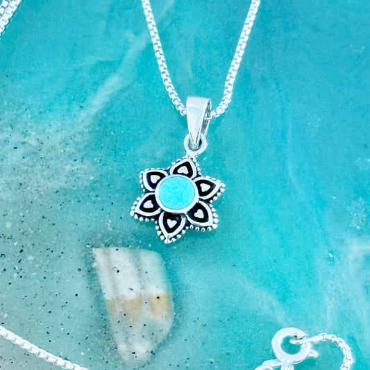 Sterling Silver Starflower Necklace with Synthetic Turquoise, Silver Chain, Mandala Necklaces
