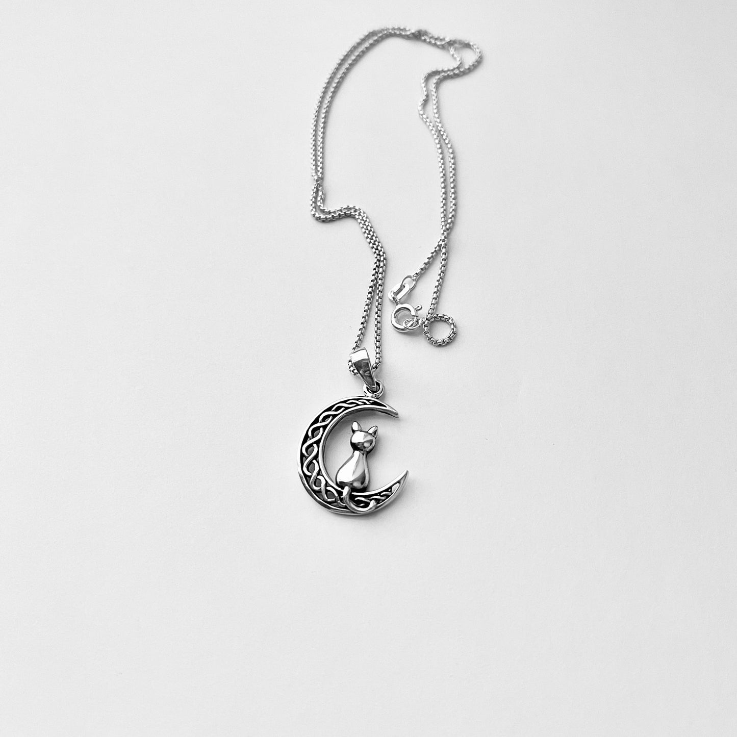 Sterling Silver Cat on Interwoven Crescent Moon Necklace, Kitten Necklace, Silver Necklaces