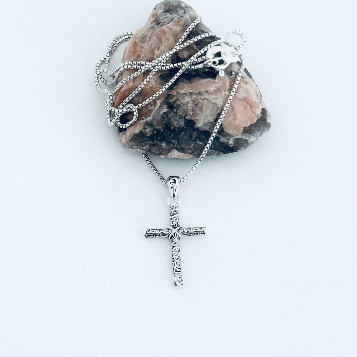 Sterling Silver Dainty Filigree Cross Necklace – Minimalist Christian Swirl Pendant Chain