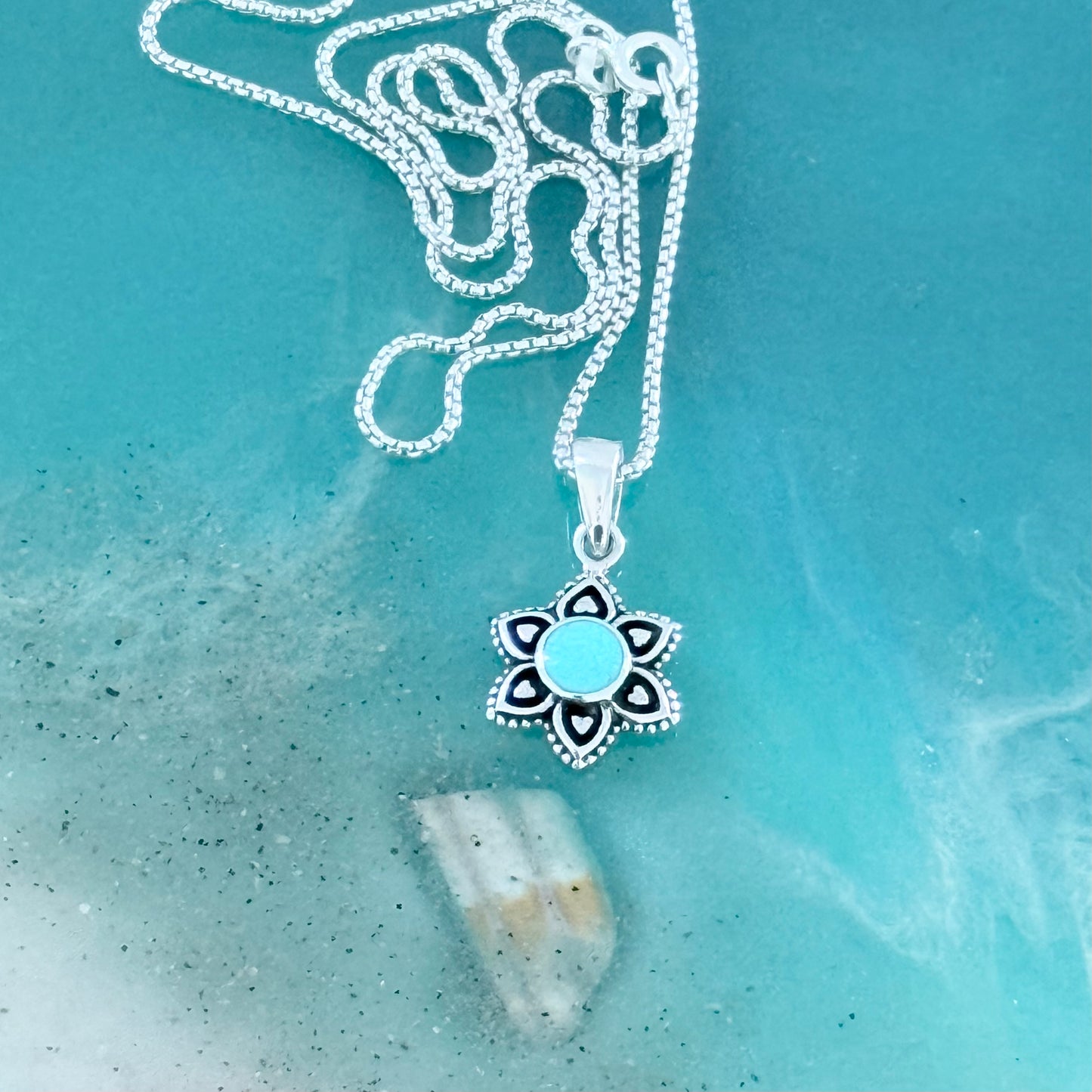 925 Sterling Silver Starflower Mandala Necklace | Turquoise & Heart Silver Pendant