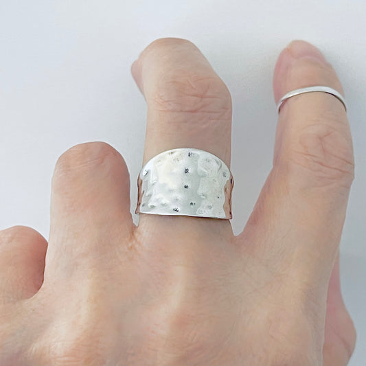925 Sterling Silver Statement Hammered Concave Ring | Boho Wide Silver Rings