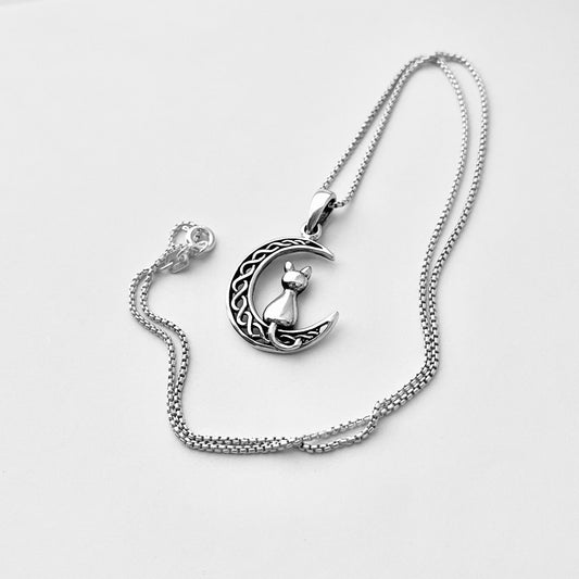 Sterling Silver Cat on Interwoven Crescent Moon Necklace, Kitten Necklace, Silver Necklaces