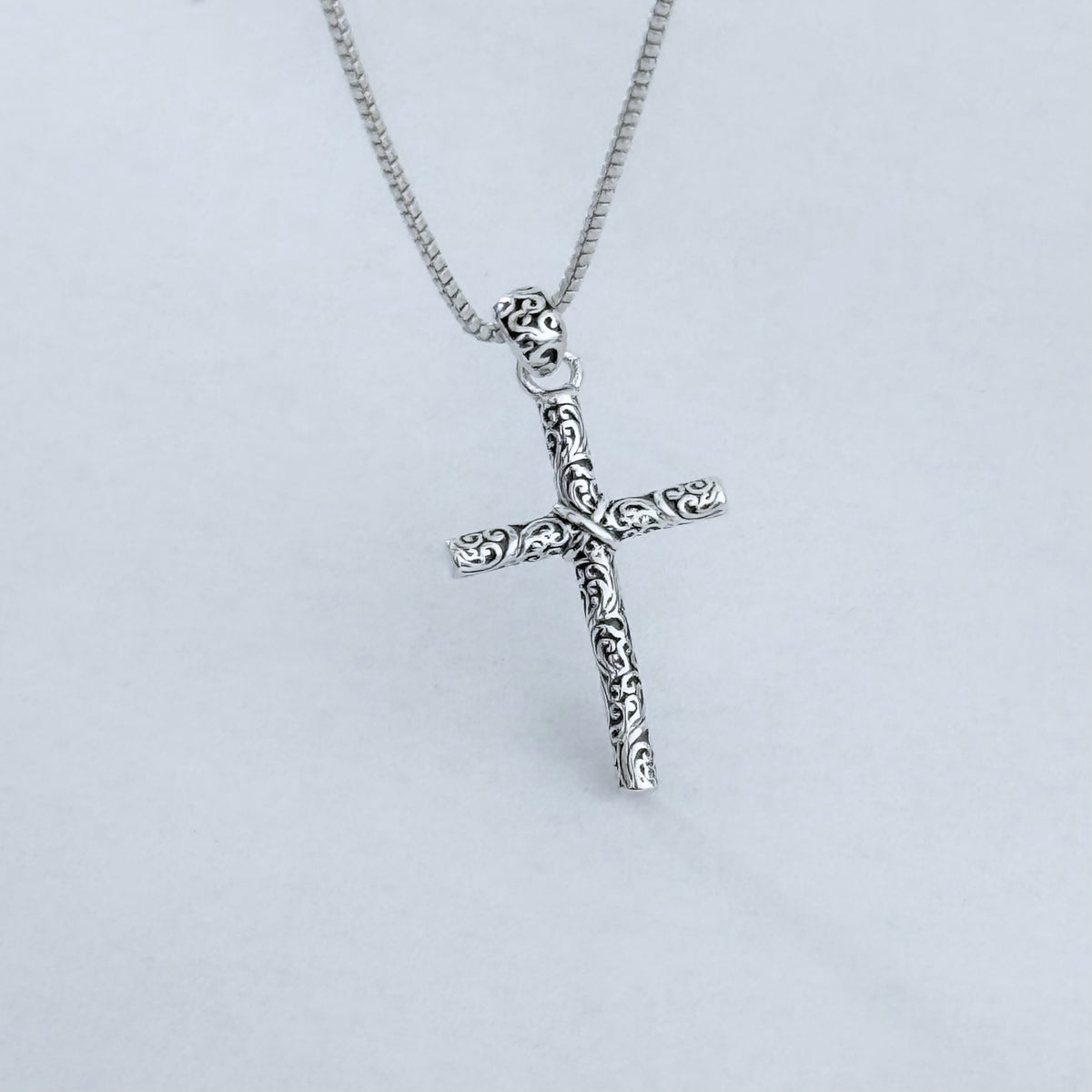 Sterling Silver Dainty Filigree Cross Necklace – Minimalist Christian Swirl Pendant Chain
