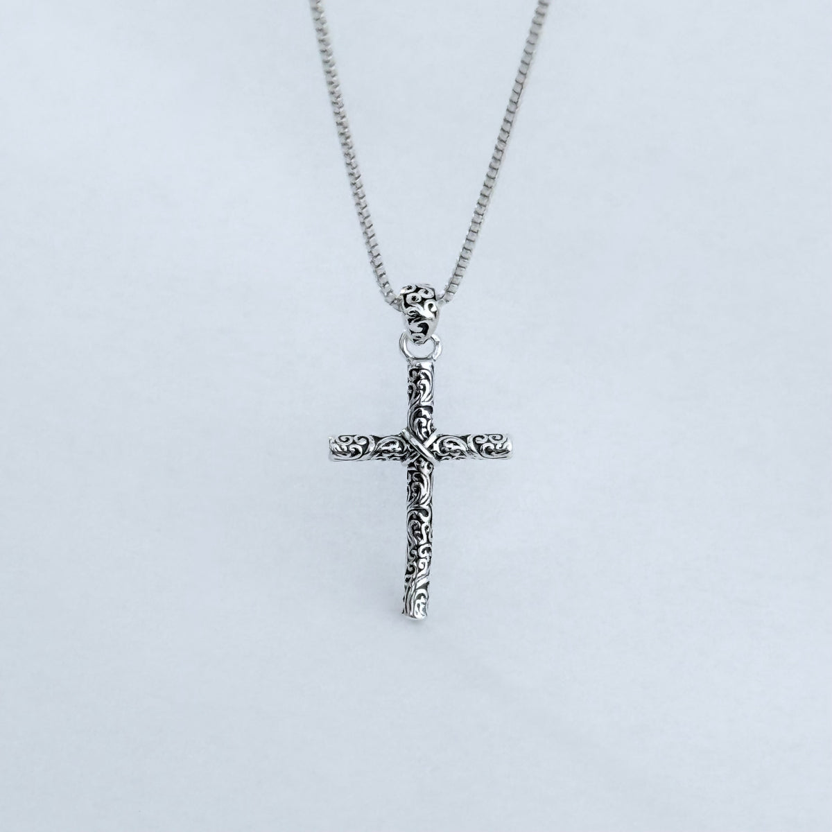 Sterling Silver Dainty Filigree Cross Necklace – Minimalist Christian Swirl Pendant Chain