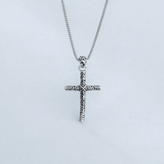 Sterling Silver Dainty Filigree Cross Necklace – Minimalist Christian Swirl Pendant Chain