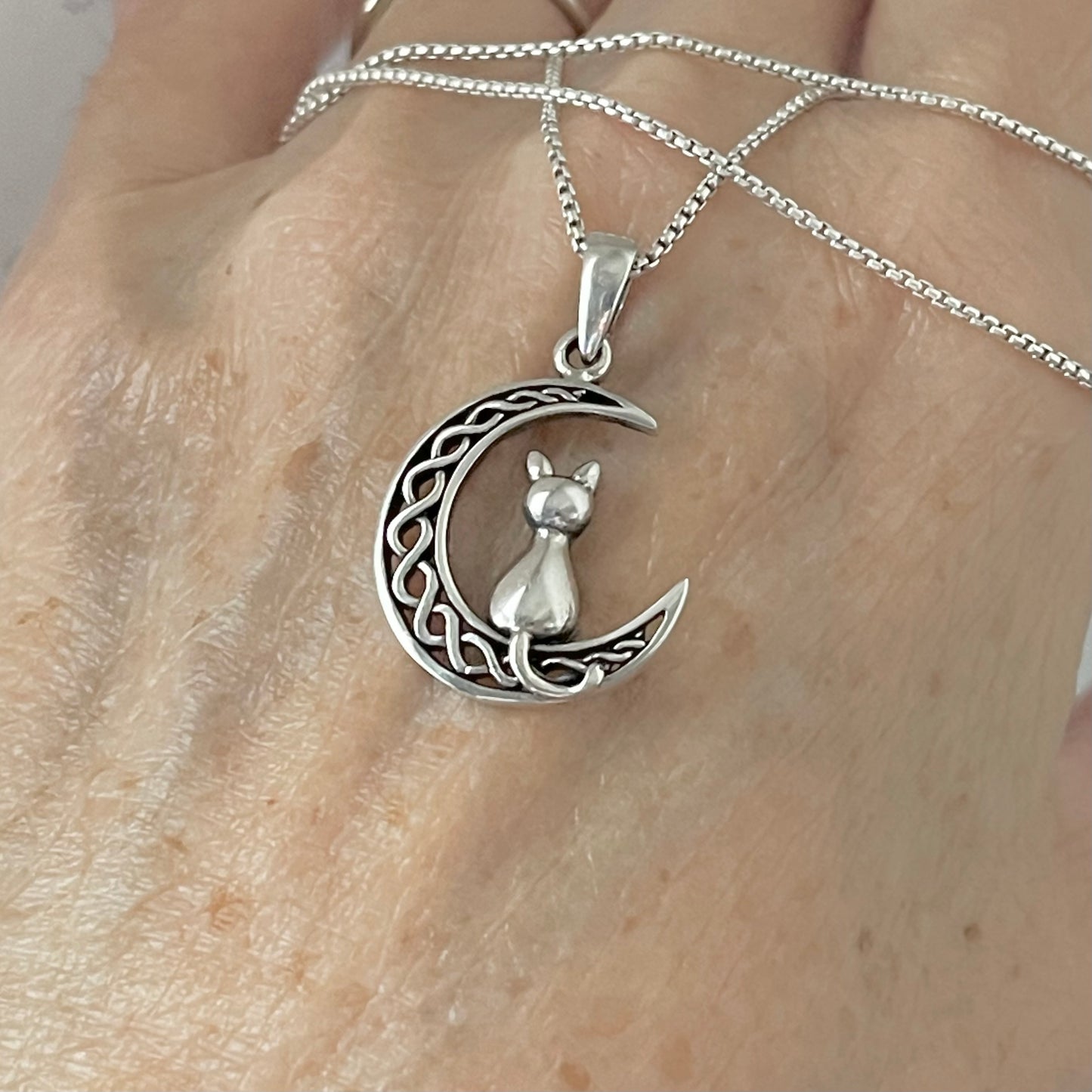 Sterling Silver Cat on Interwoven Crescent Moon Necklace, Kitten Necklace, Silver Necklaces