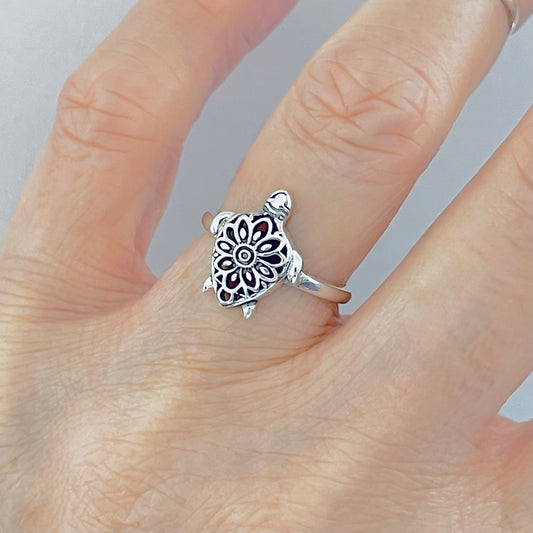 Sterling Silver Mandala Turtle Ring – Flower Sea Animal Ocean Silver Rings
