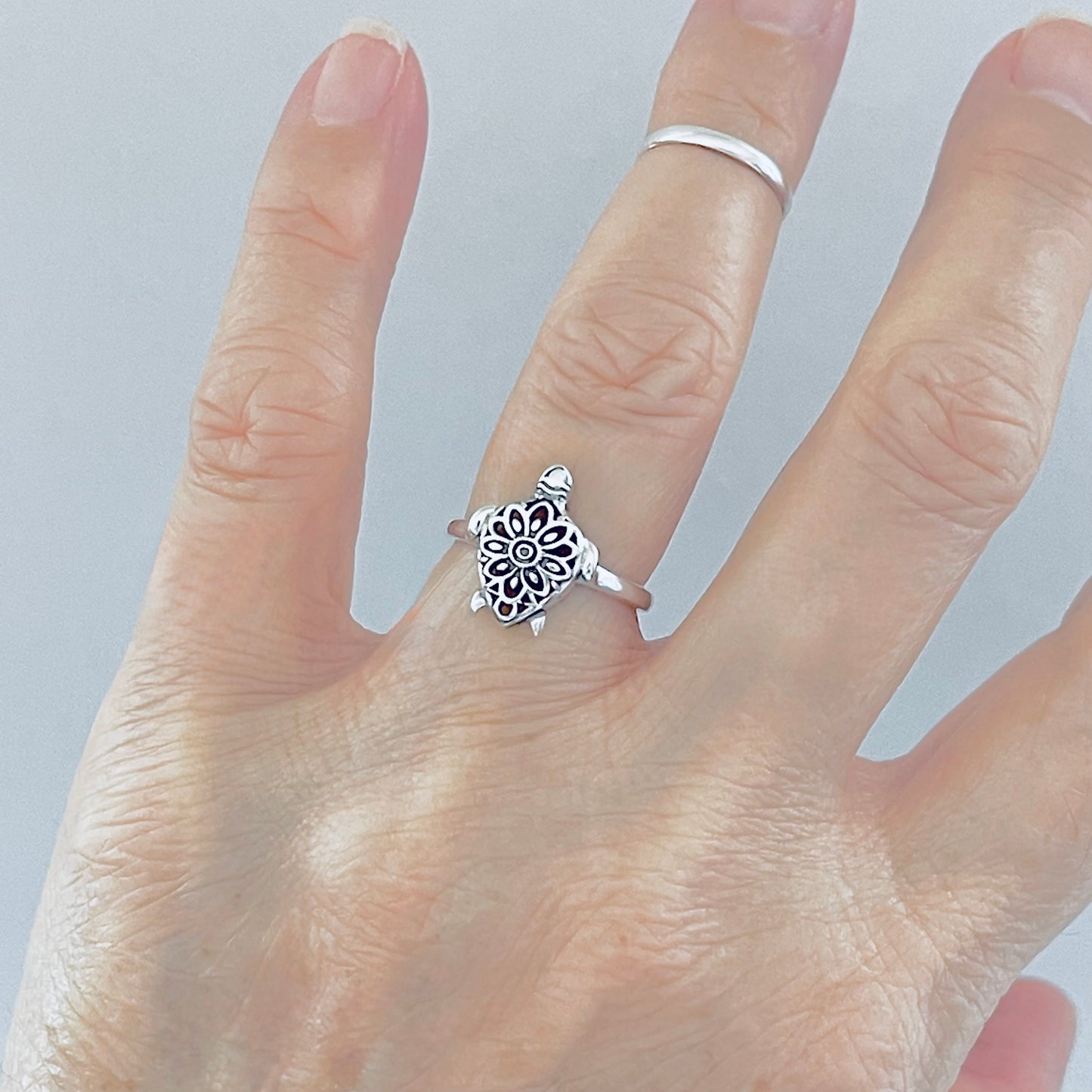 Sterling Silver Mandala Turtle Ring – Flower Sea Animal Ocean Silver Rings