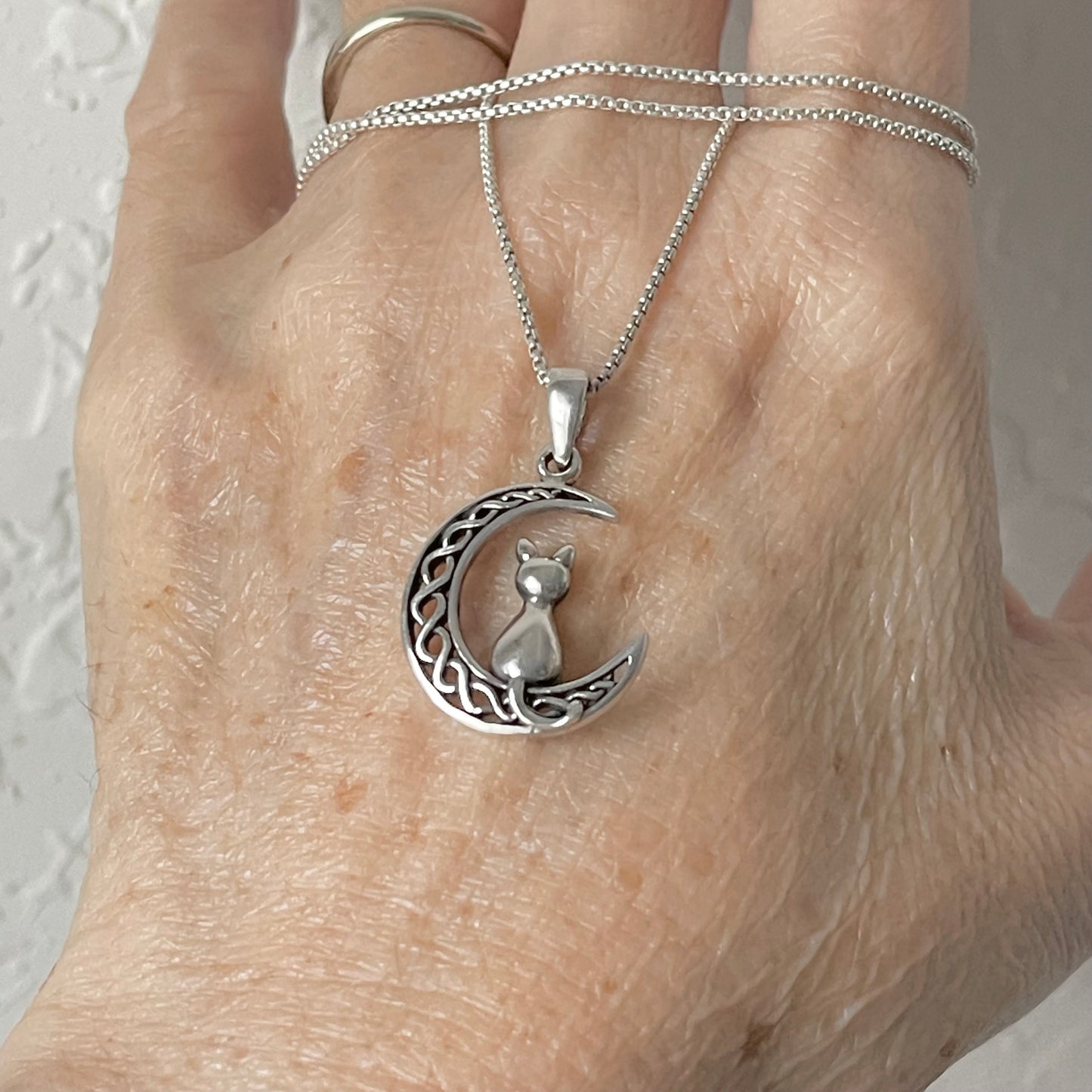 Sterling Silver Cat on Interwoven Crescent Moon Necklace, Kitten Necklace, Silver Necklaces