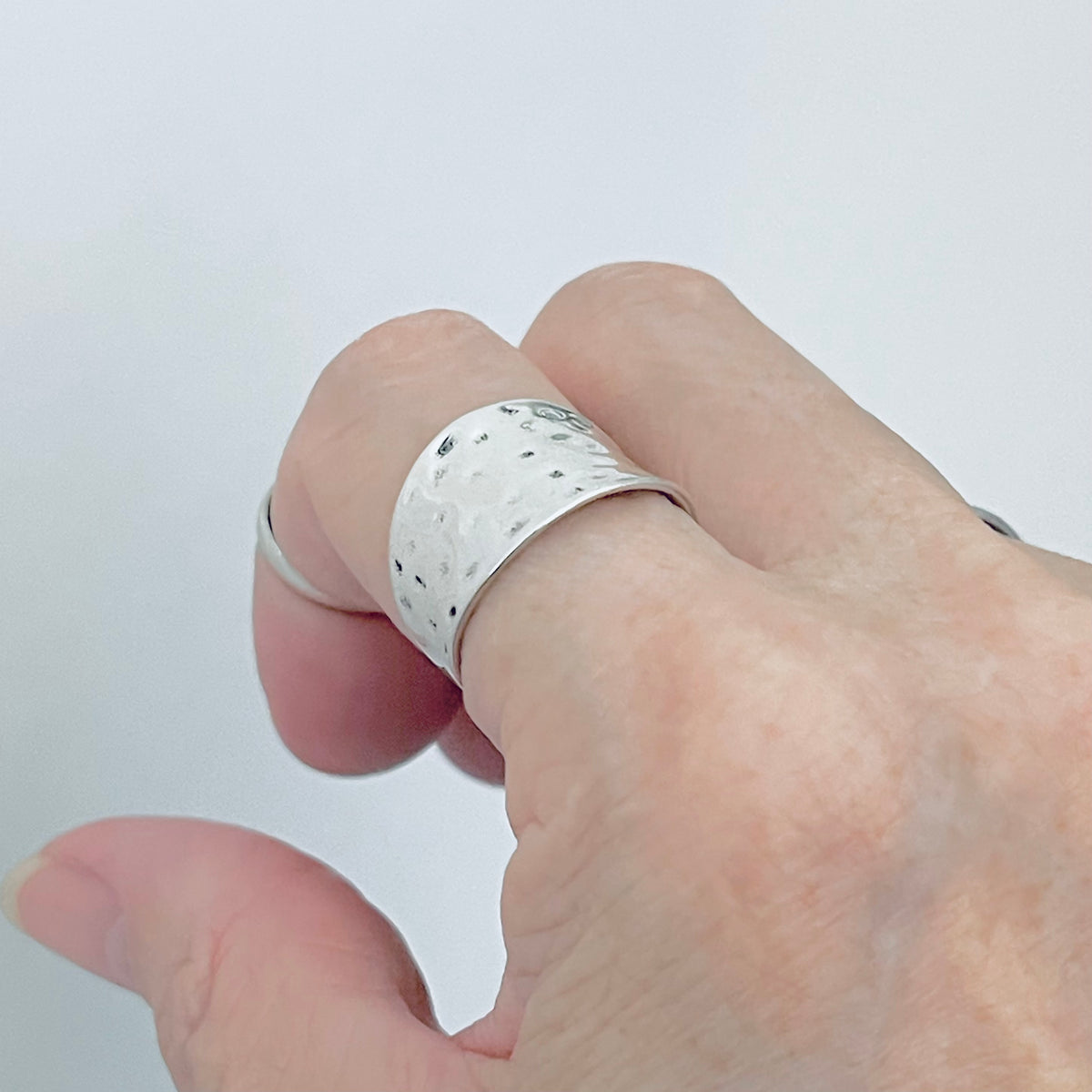 925 Sterling Silver Statement Hammered Concave Ring | Boho Wide Silver Rings