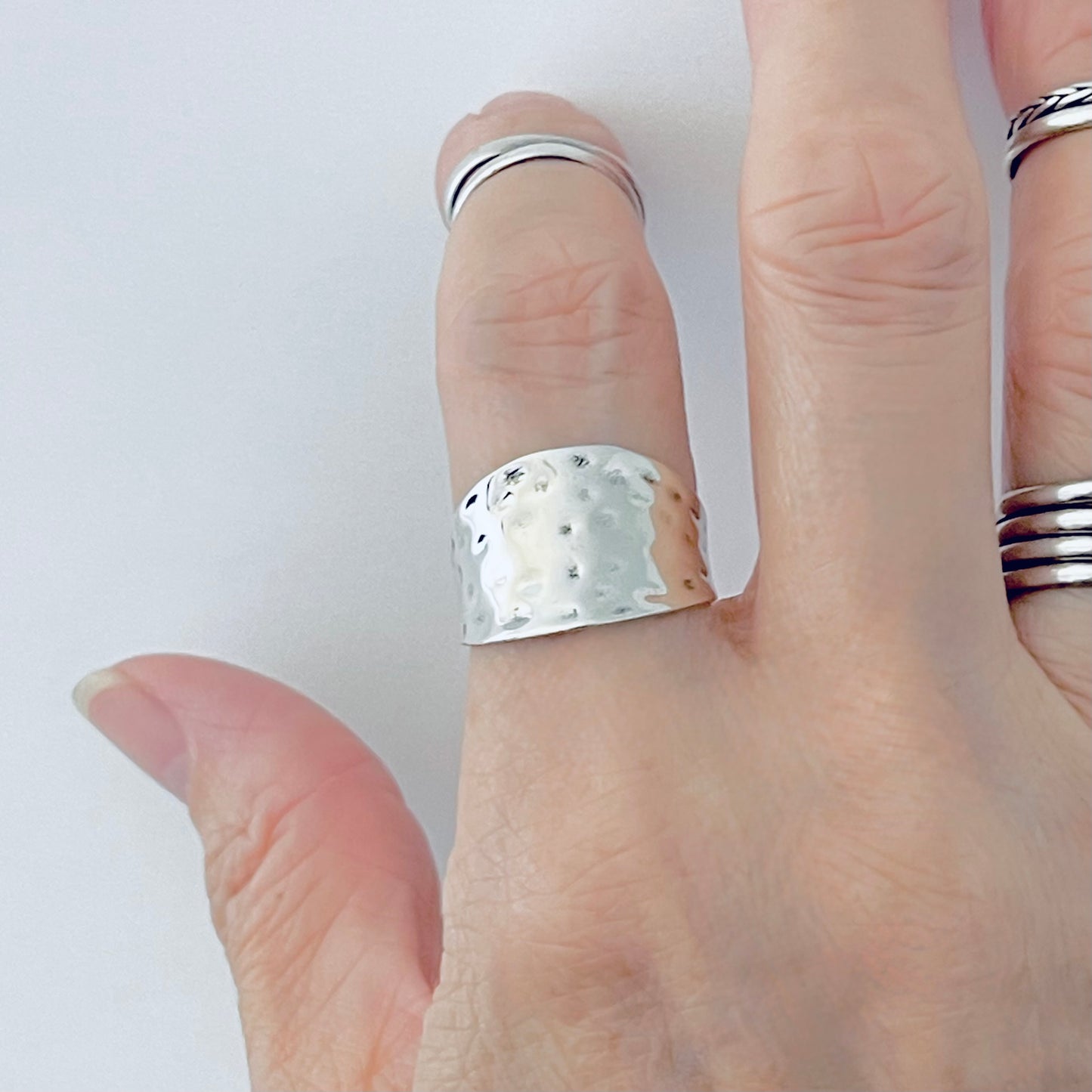 925 Sterling Silver Statement Hammered Concave Ring | Boho Wide Silver Rings