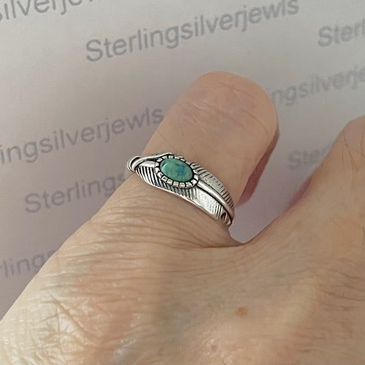 Sterling Silver Feather Ring with Genuine Turquoise, Silver Bird Rings