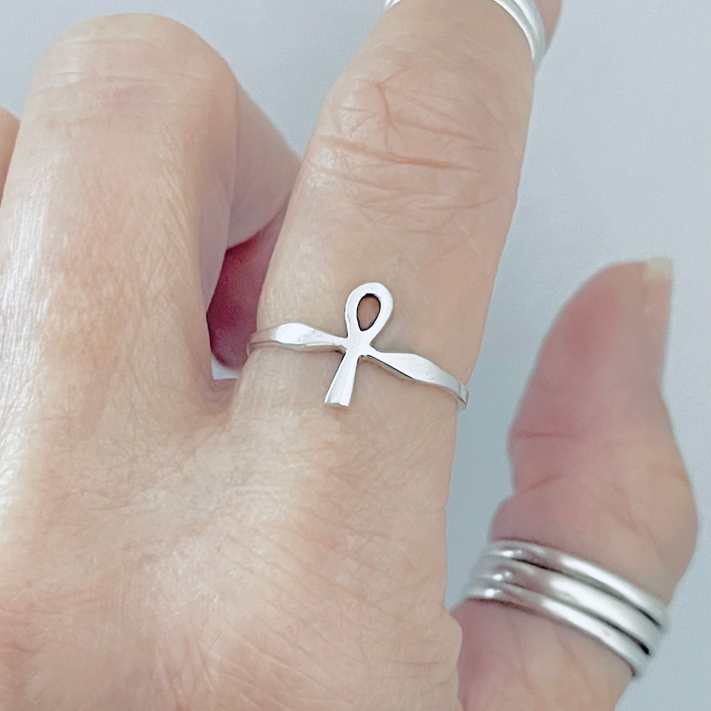 Sterling Silver Small Delicate Ankh Ring | Key of Life Dainty Cross Silver Rings