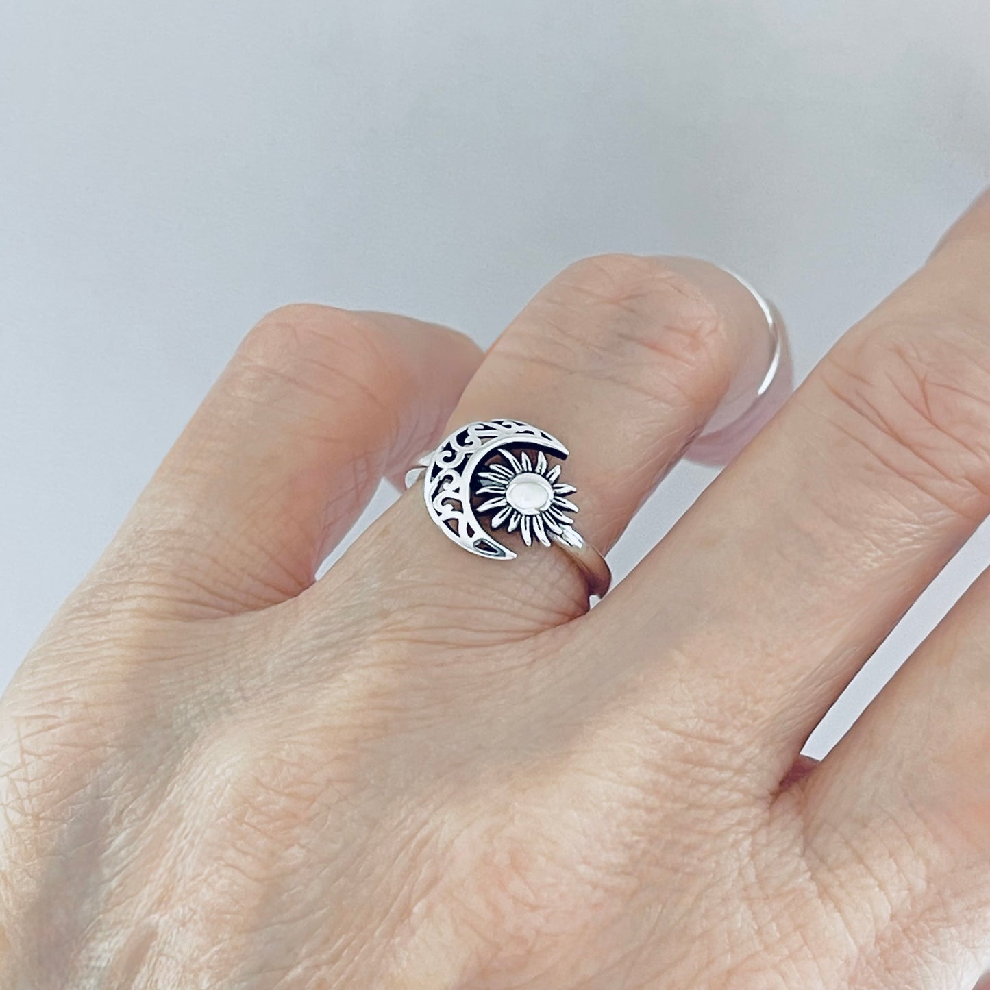 Sterling Silver Filigree Crescent Moon and Sun Ring, Celestial Rings, Sunshine