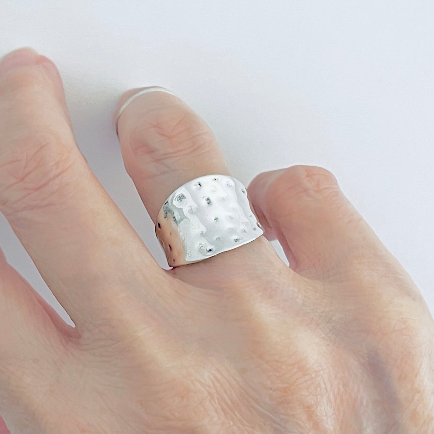 925 Sterling Silver Statement Hammered Concave Ring | Boho Wide Silver Rings