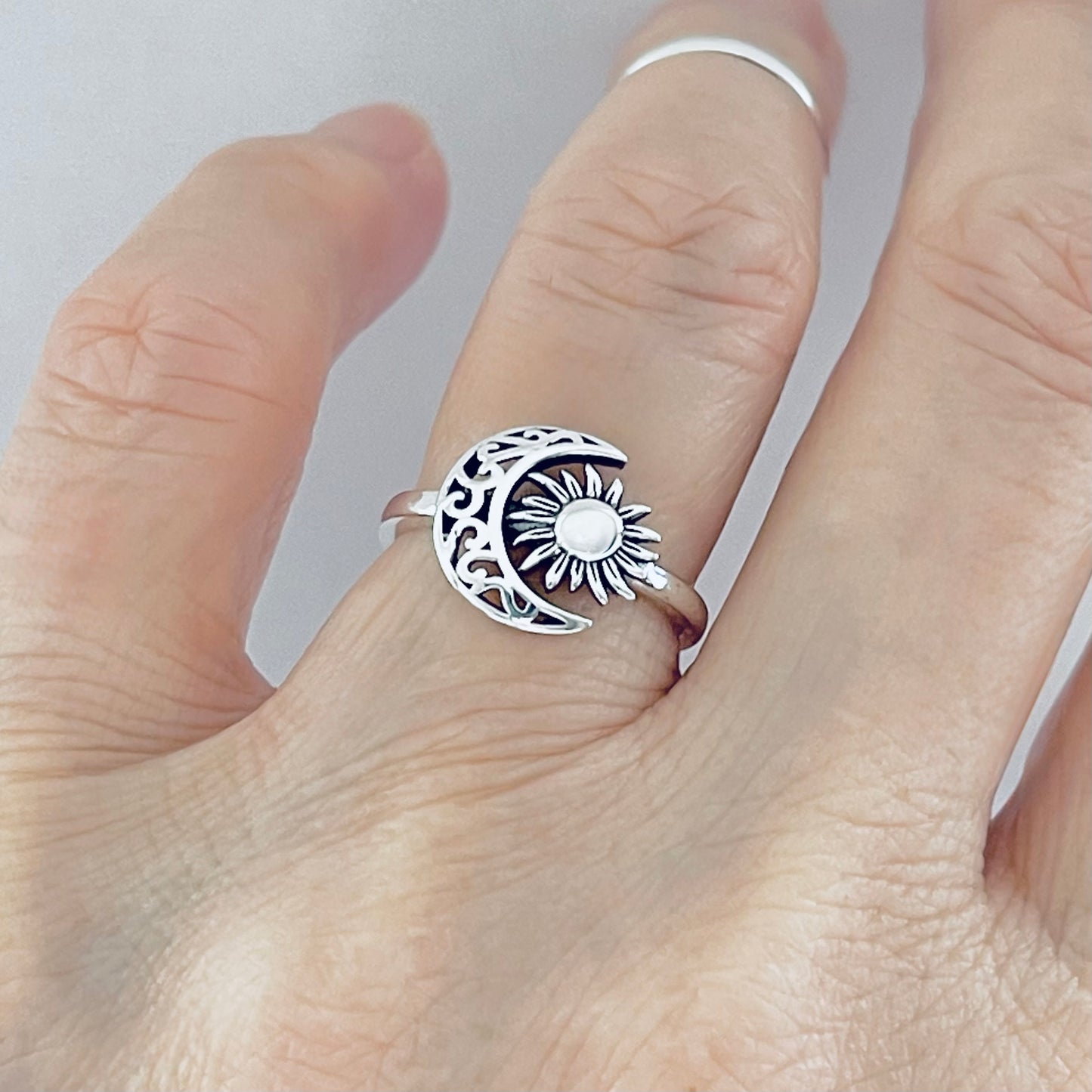 Sterling Silver Filigree Crescent Moon and Sun Ring, Celestial Rings, Sunshine
