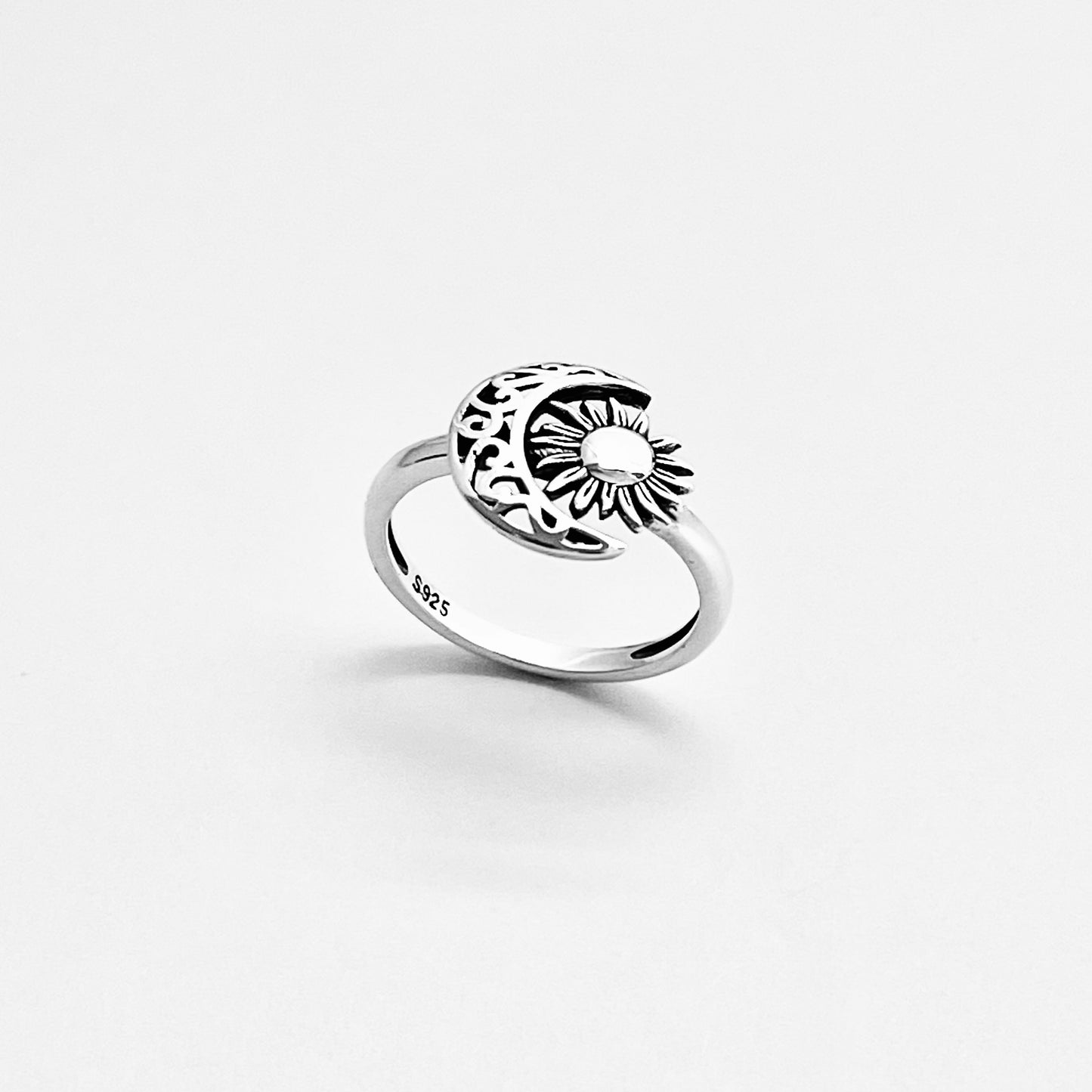Sterling Silver Filigree Crescent Moon and Sun Ring, Celestial Rings, Sunshine