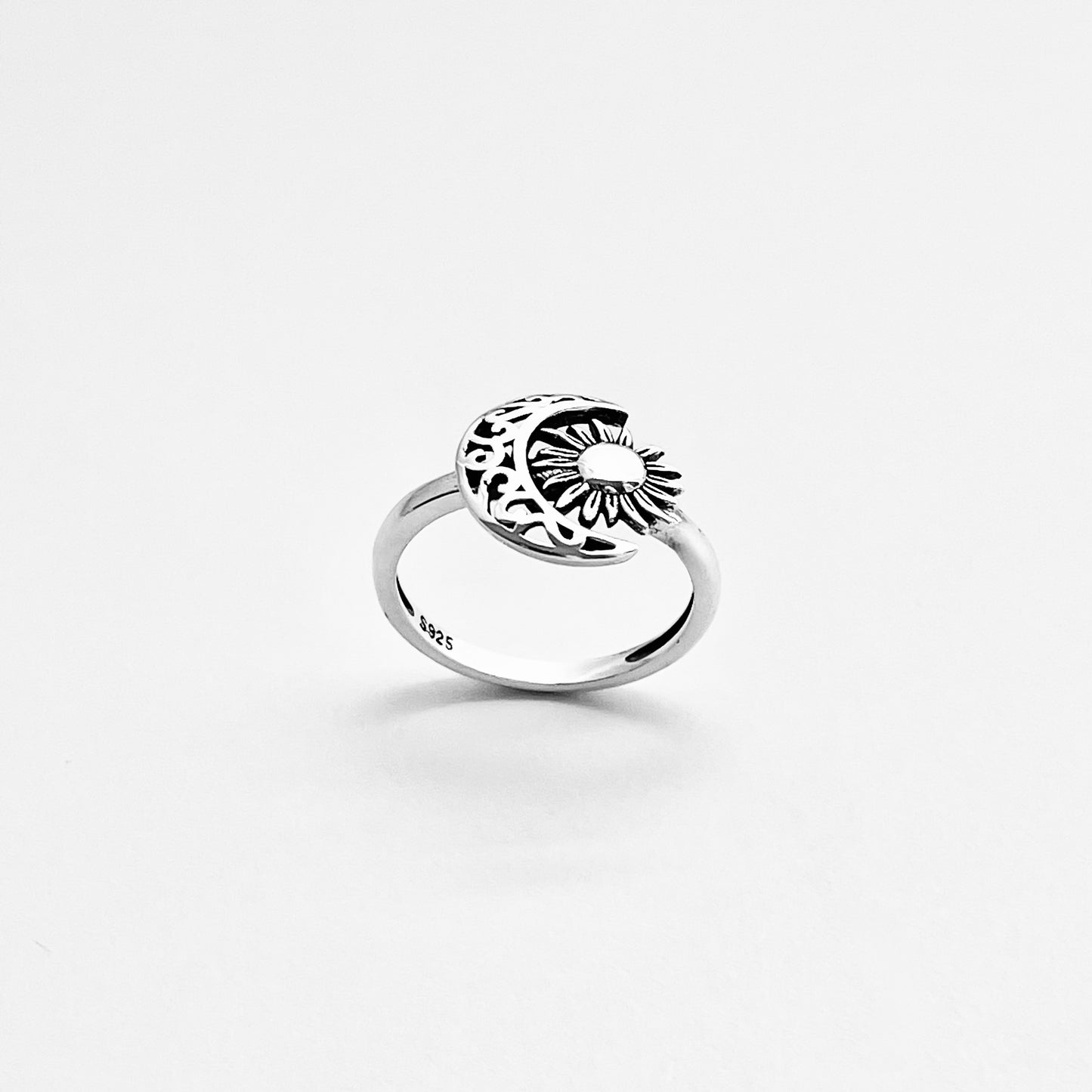 Sterling Silver Filigree Crescent Moon and Sun Ring, Celestial Rings, Sunshine